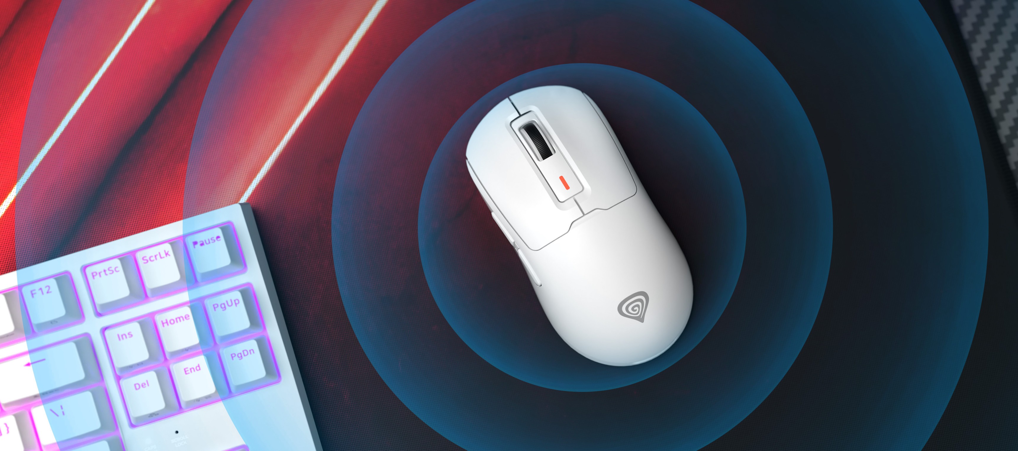 Souris de jeu sans fil Genesis Zircon 660 Pro en blanc, dotée d'un design élégant et d'une haute précision jusqu'à 26 000 DPI, positionnée sur un tapis de souris de jeu vibrant.