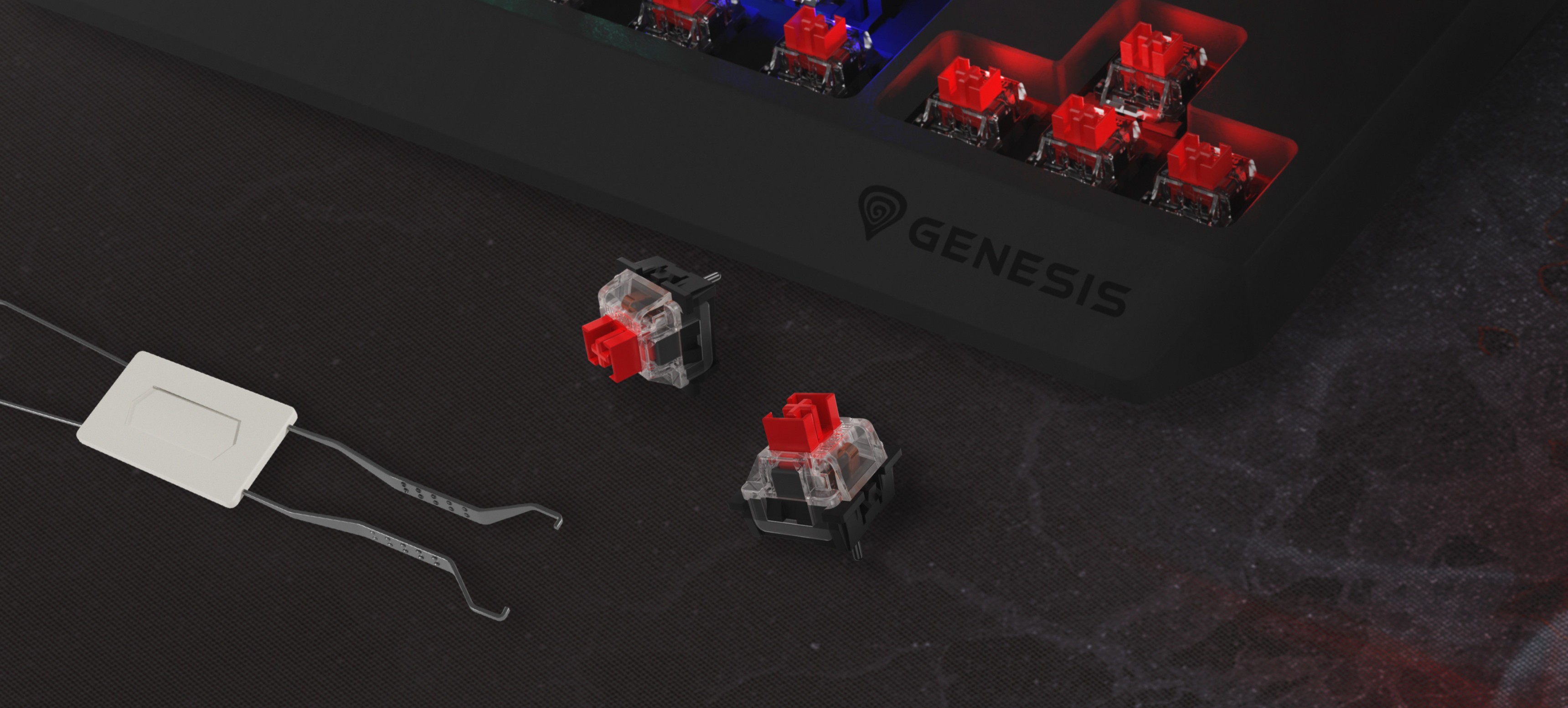 Gros plan sur le clavier de jeu Genesis Thor 230 TKL Lite avec des interrupteurs mécaniques Outemu rouges et un outil d'extraction des interrupteurs.