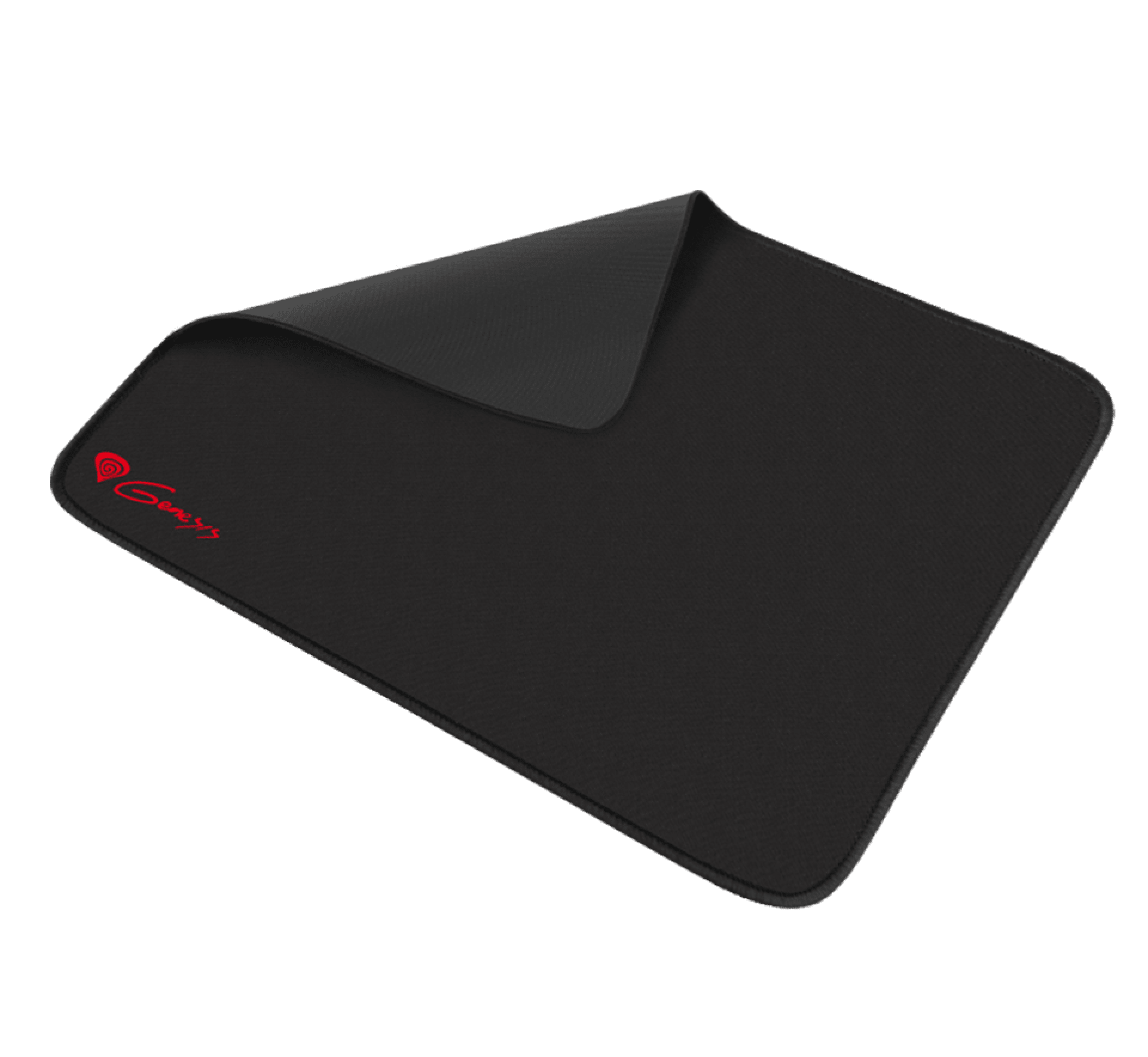 Tapis de souris noir avec une surface douce et un bord plié, comportant un petit logo Genesis rouge dans le coin. Taille : 250x210mm