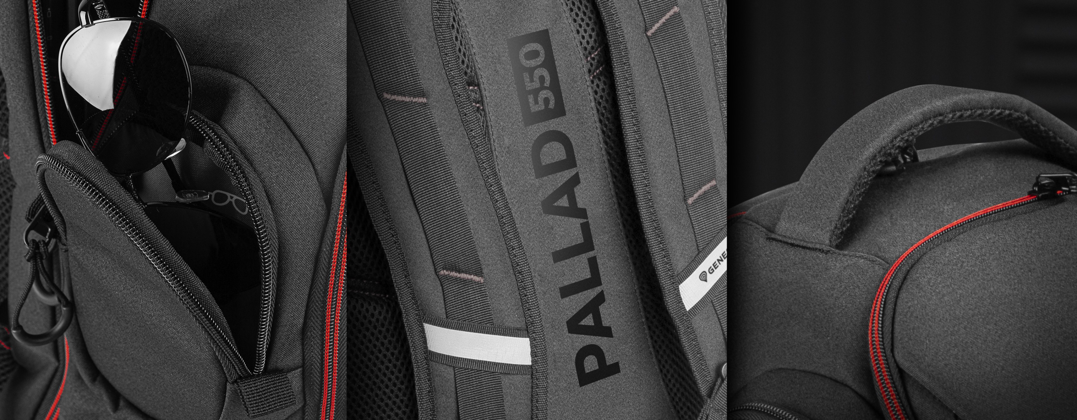 Gros plan sur le sac à dos pour ordinateur portable Genesis Pallad 550, avec son logo, sa poche latérale et ses détails de fermeture éclair en noir et rouge.