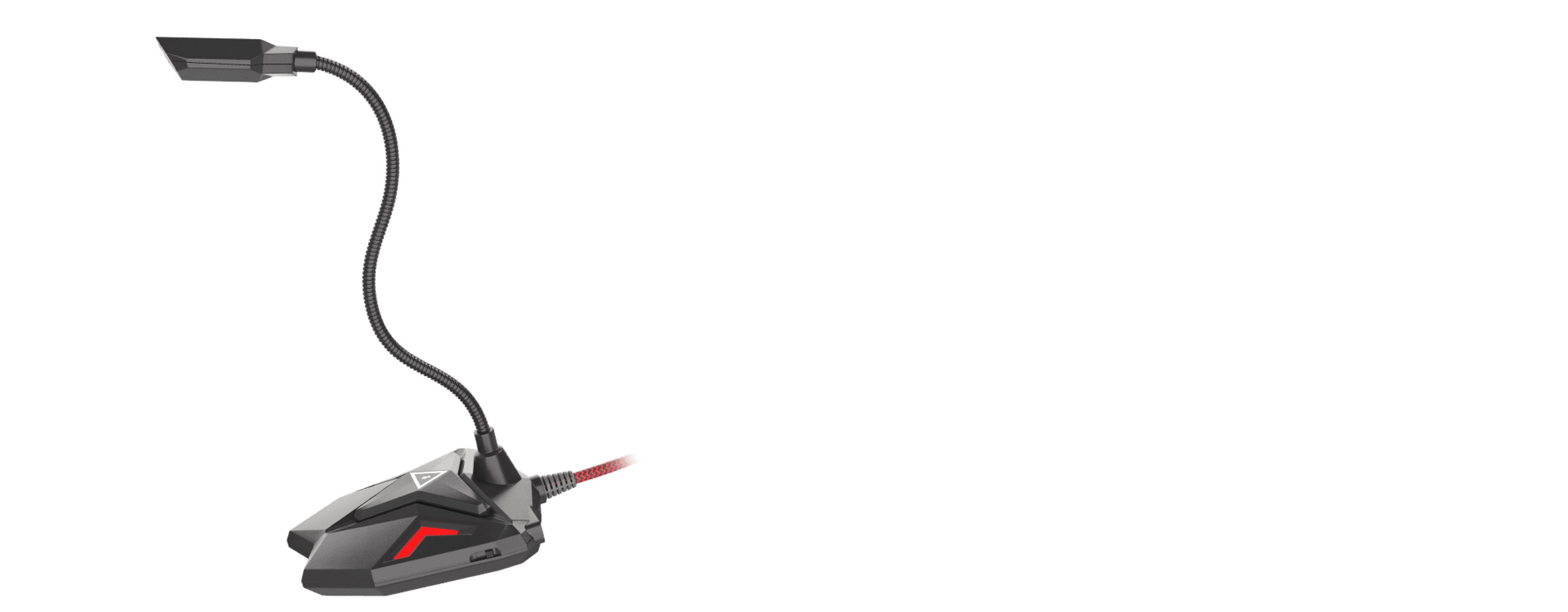 Microphone à col flexible avec une base solide et des accents rouges, conçu pour les jeux et le streaming.