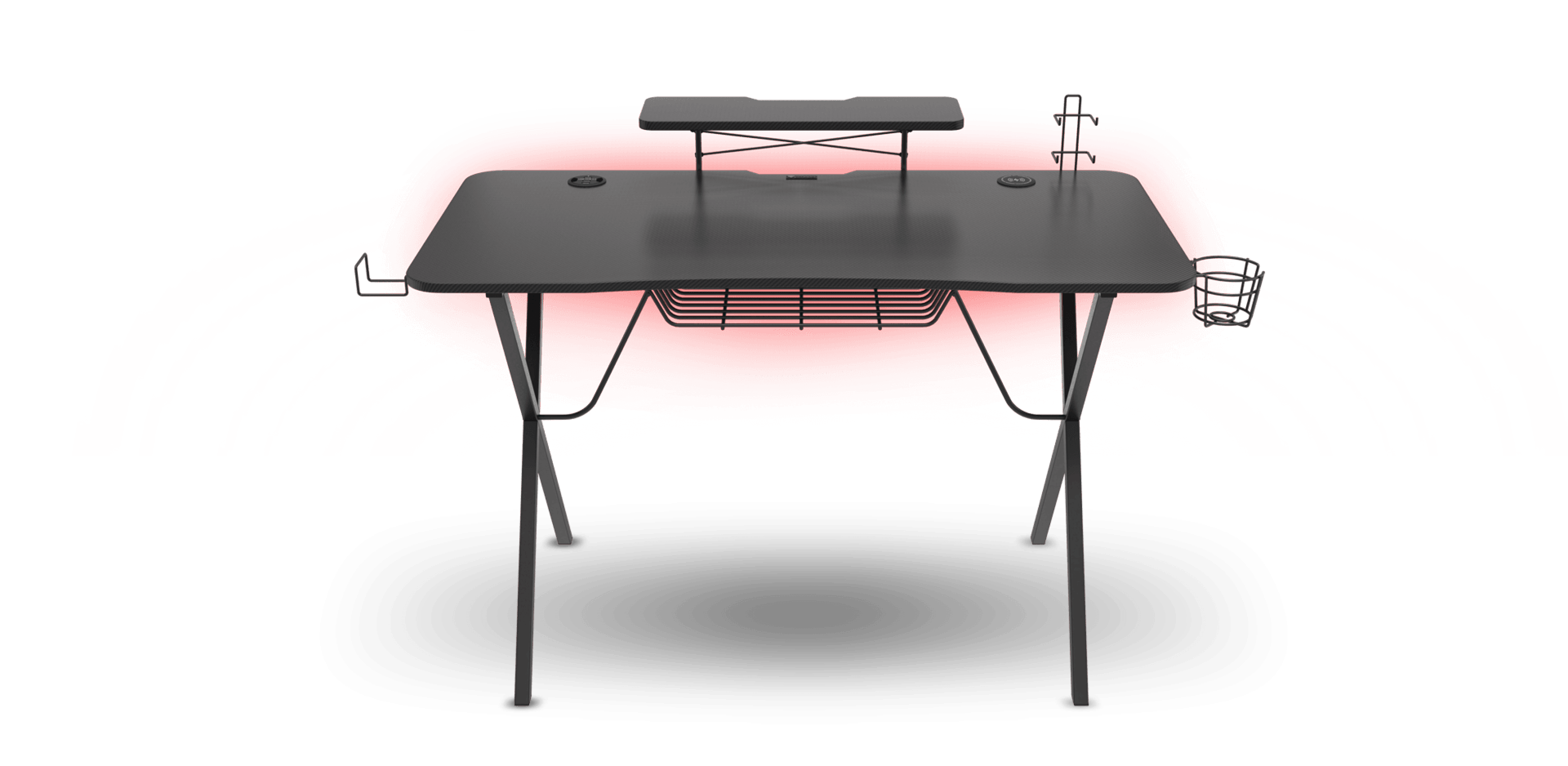 Bureau de jeu noir avec éclairage RVB, doté d'une tablette pour moniteur surélevée, d'une gestion des câbles et d'accessoires de rangement latéraux.