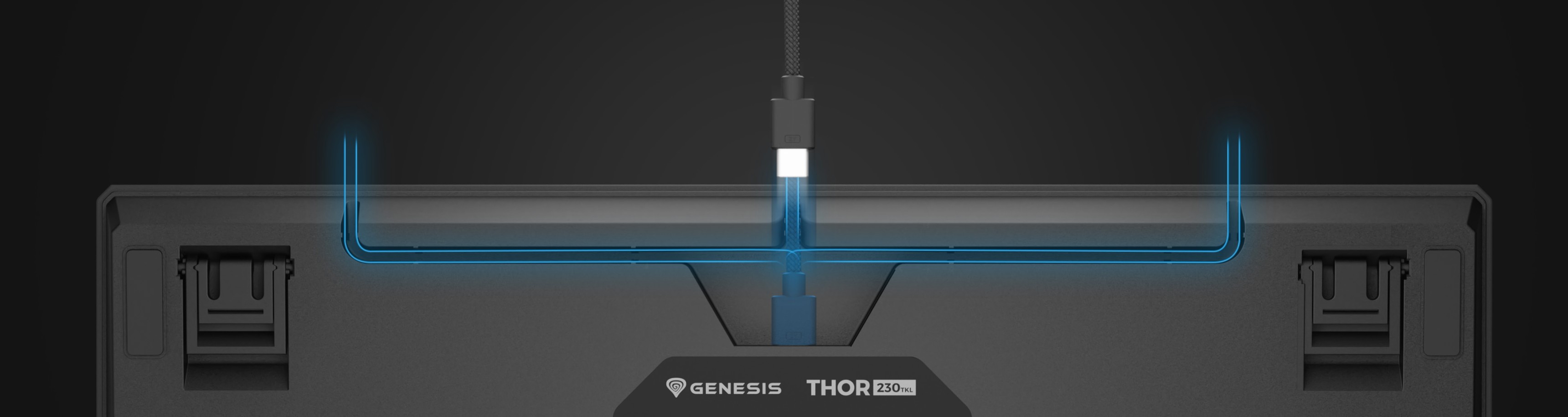 Vue de dessus du clavier mécanique Genesis Thor 230 TKL Lite, doté d'un connecteur USB-C et d'un éclairage RVB personnalisable.