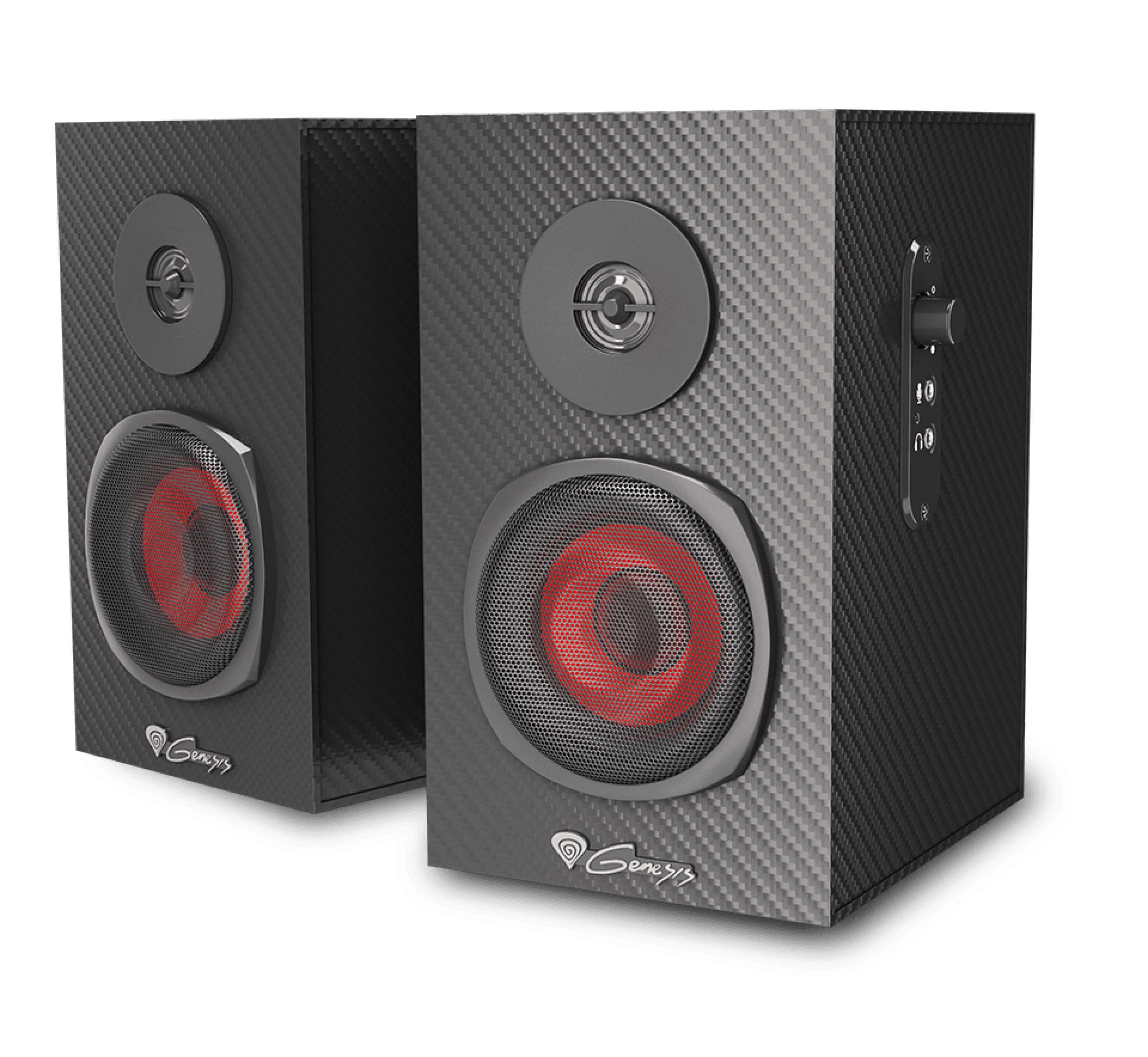 Enceintes Genesis Helium 200 noires avec texture en fibre de carbone, haut-parleur orienté vers l'avant avec un accent rouge, et boutons de commande sur le côté.