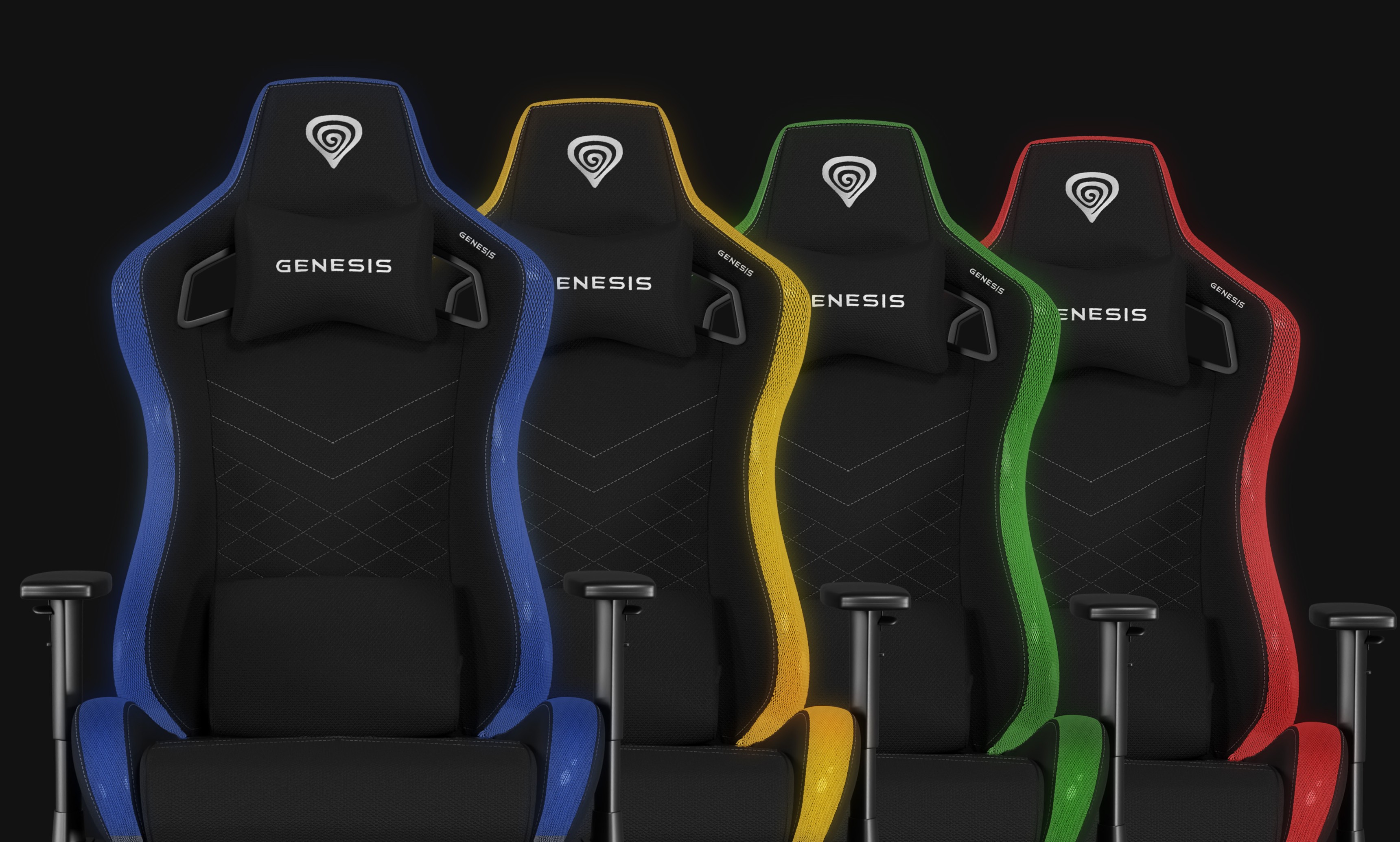 Quatre fauteuils de jeu Genesis Trit 660 RGB de différentes couleurs : bleu, jaune, vert et rouge, mettant en valeur le design ergonomique.