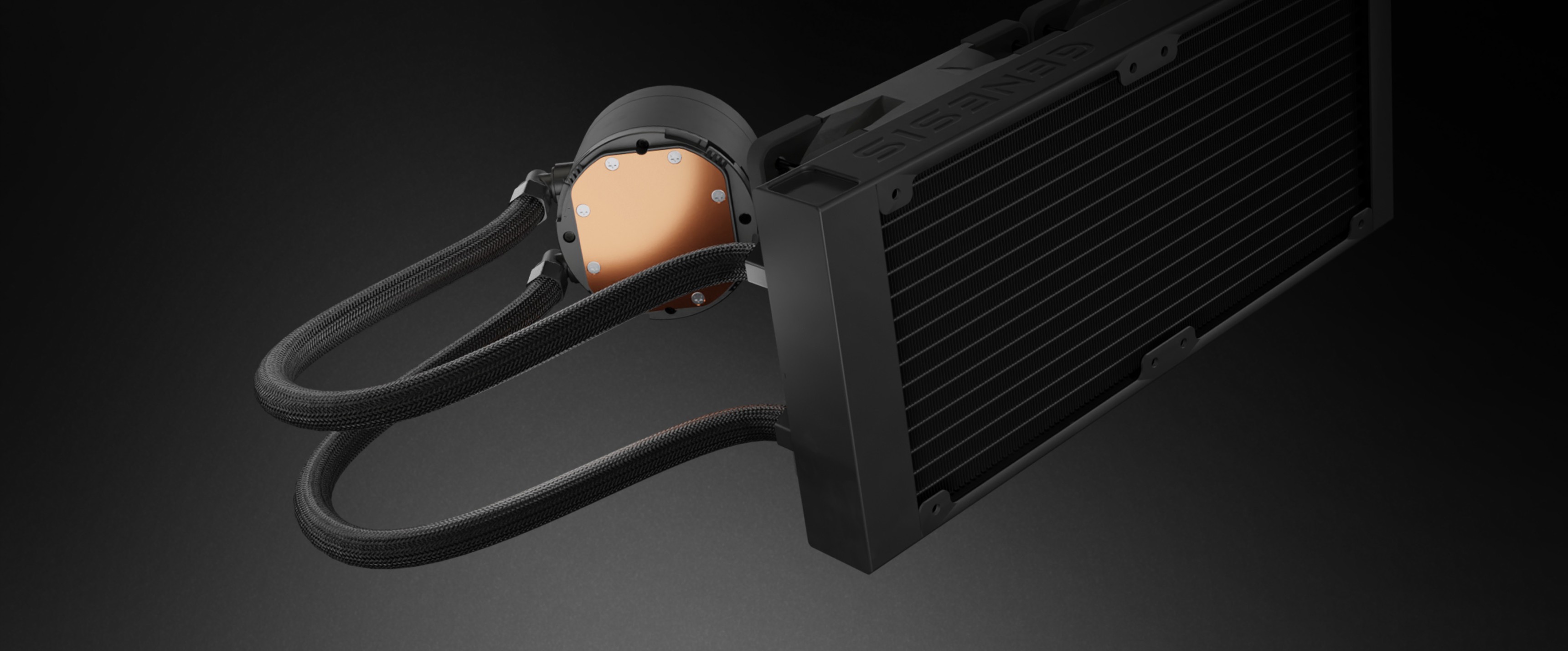 Système de refroidissement à eau noir Genesis Hydria 240 ARGB avec un radiateur épuré et des tubes de connexion. Dispose d'une pompe intégrée