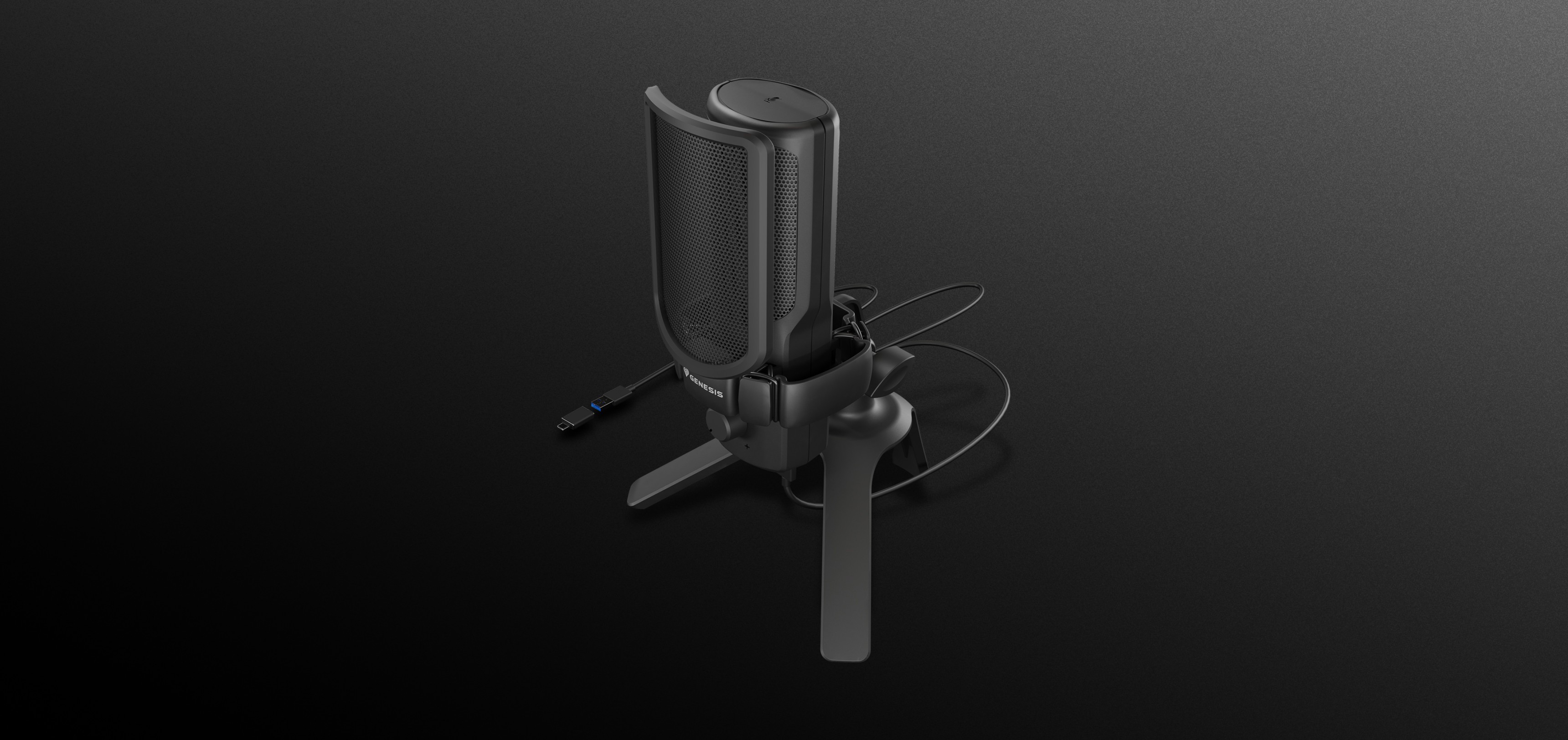 Microphone USB noir au design épuré, monté sur un trépied et doté d'un câble de connexion.