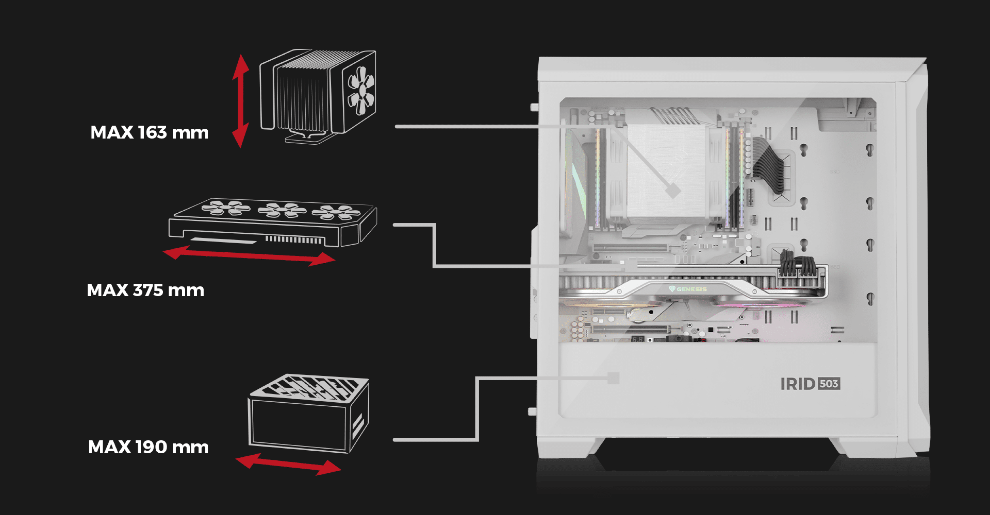 Boîtier mini tour Genesis IRID 503 ARGB Lite MATX blanc avec un panneau latéral transparent et des dimensions pour les composants esquissés.