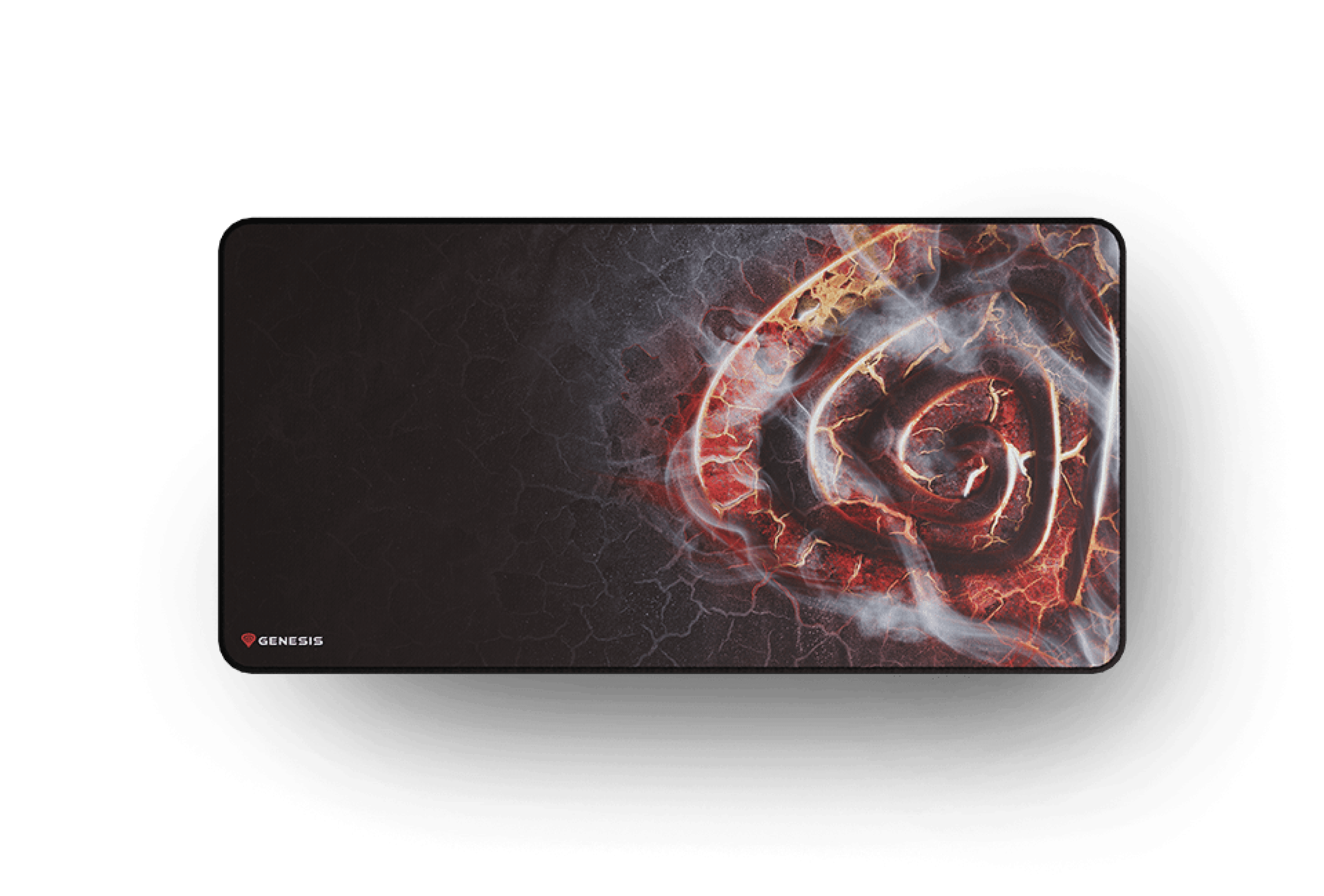 Grand tapis de souris de jeu présentant un design en spirale enflammé en rouge et noir, mesurant 900x450mm.