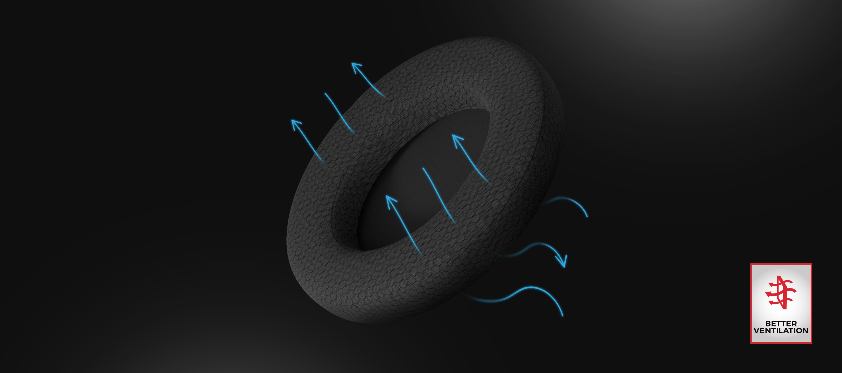 Coussinet noir pour casque d'écoute avec des flèches de circulation d'air indiquant les caractéristiques de ventilation. Surface texturée conçue pour le confort