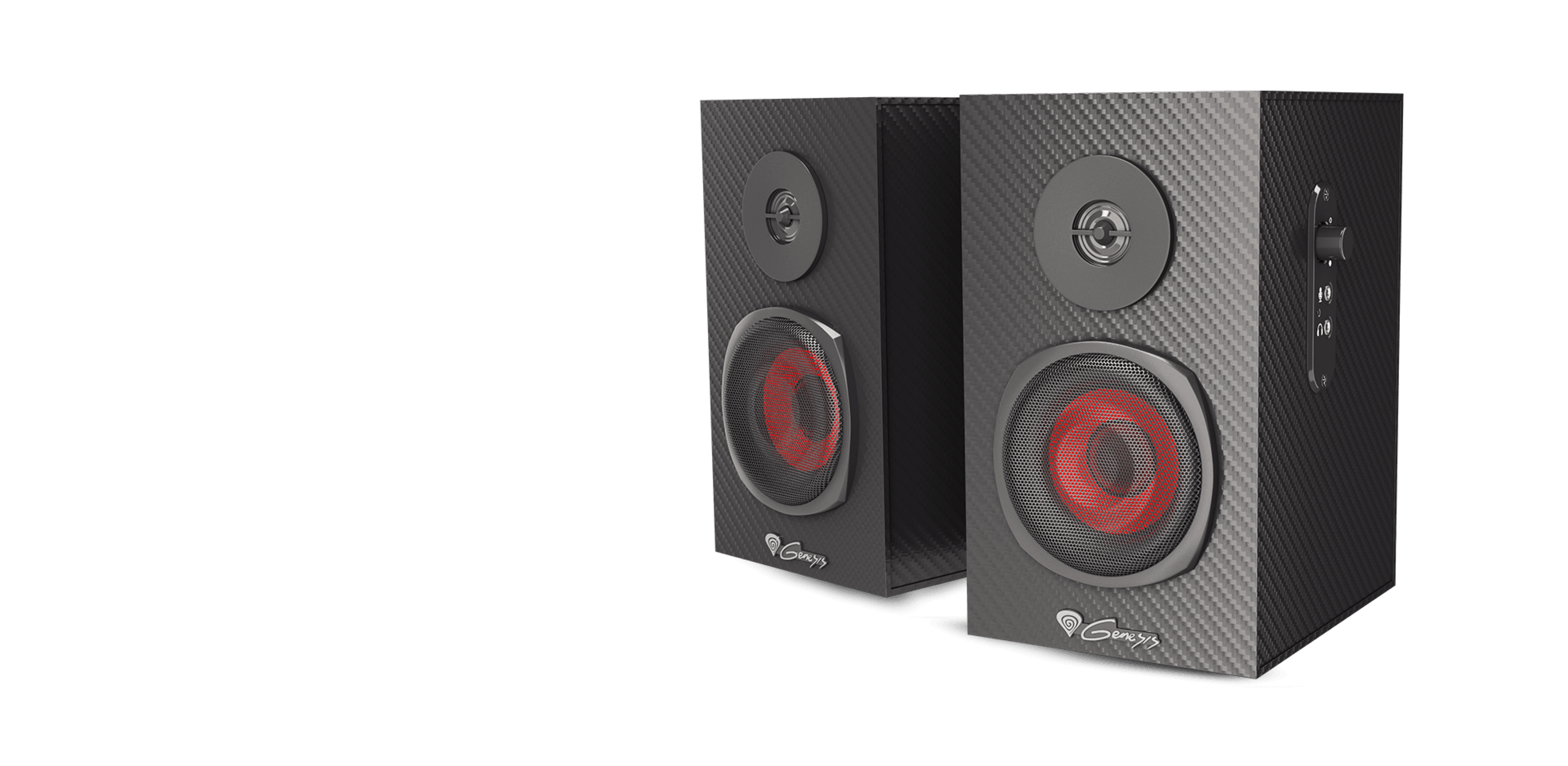 Enceintes Genesis Helium 200 2.0 noires avec un design en fibre de carbone et des accents rouges, avec des boutons de contrôle sur le côté.