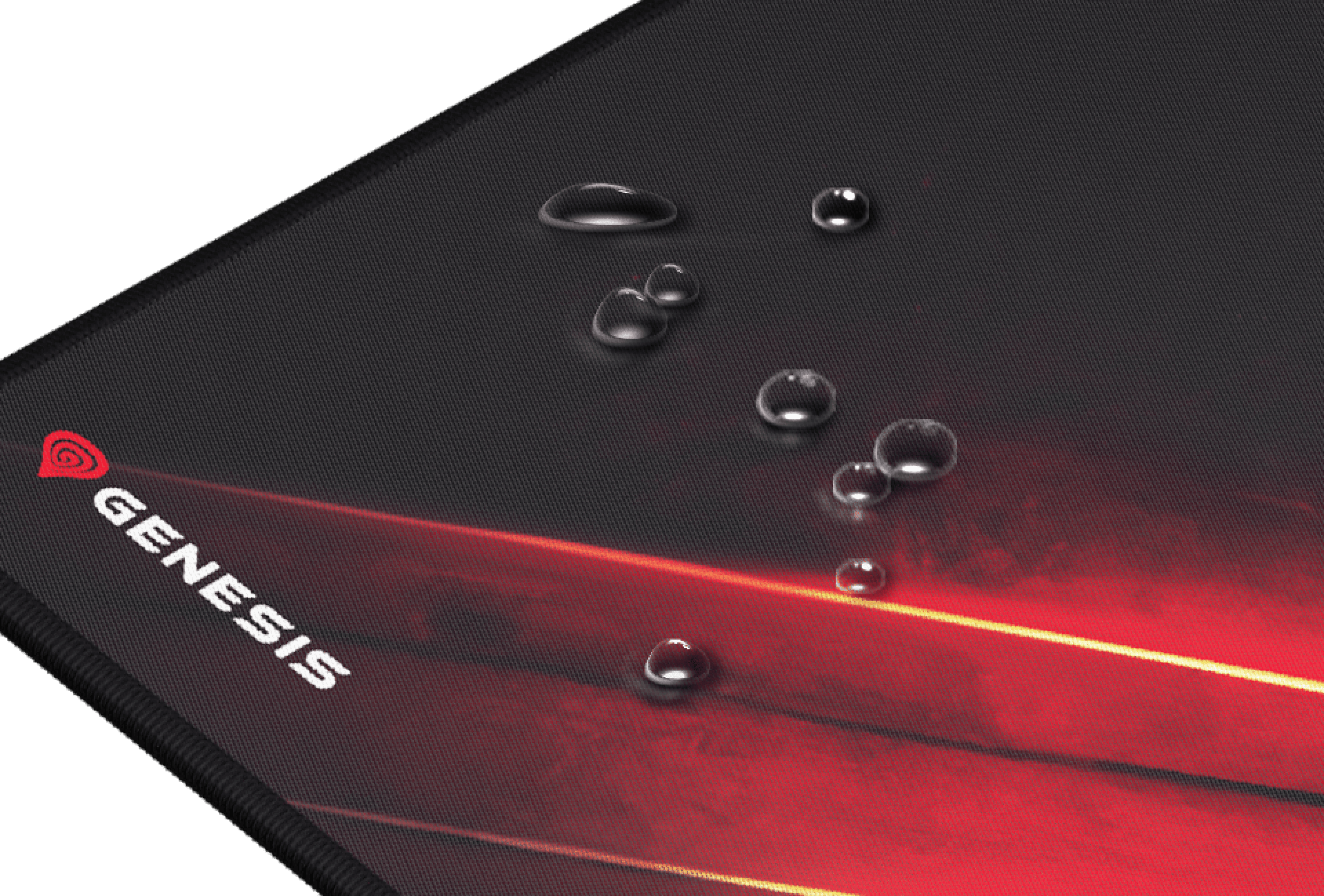 Grand tapis de souris de jeu présentant une surface noire avec des accents rouges et des gouttes d'eau, mettant en valeur un design élégant.