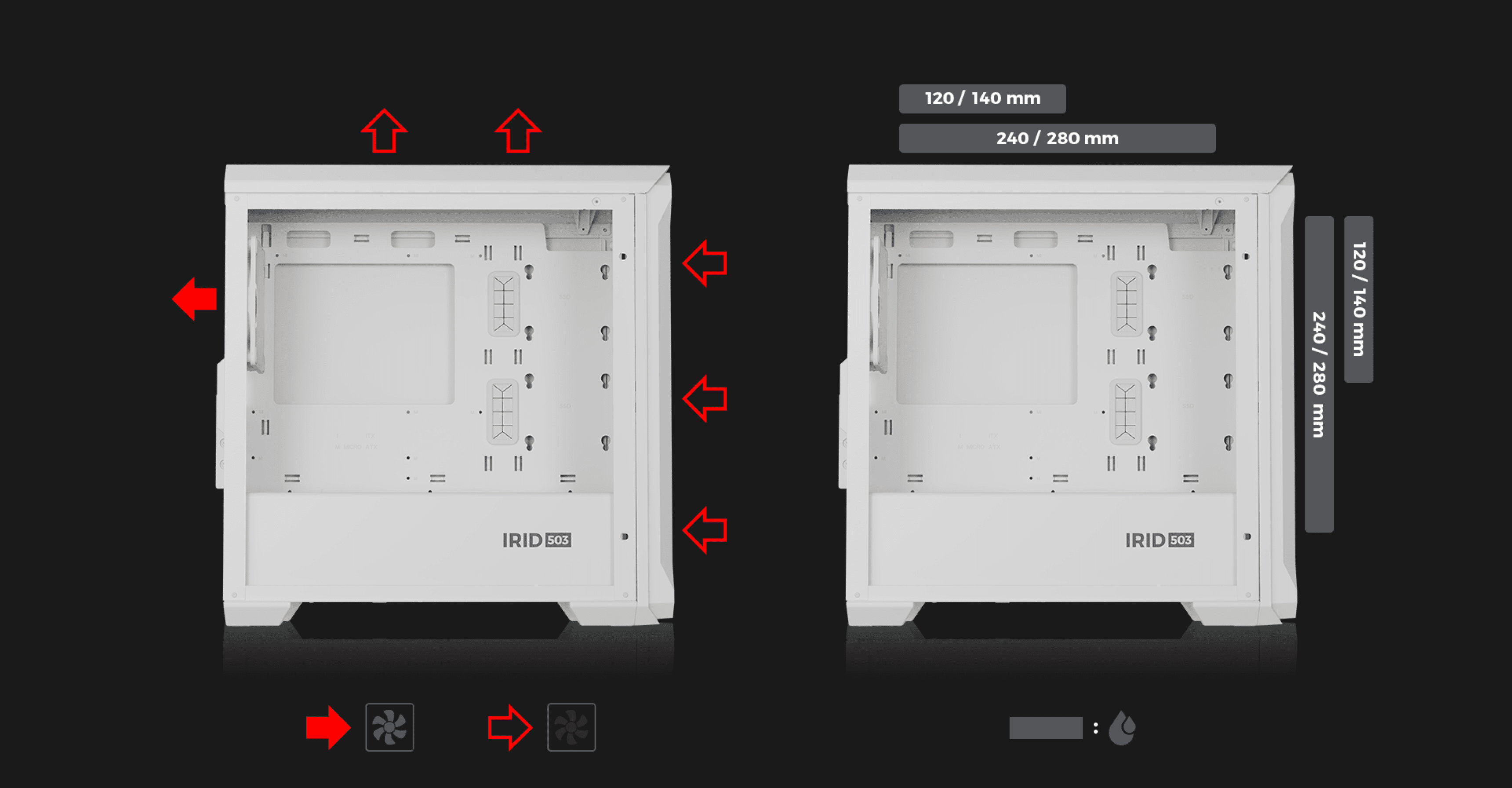 Boîtier mini tour MATX blanc avec panneau latéral transparent, présentant les options de montage des ventilateurs et les spécifications des composants de refroidissement.
