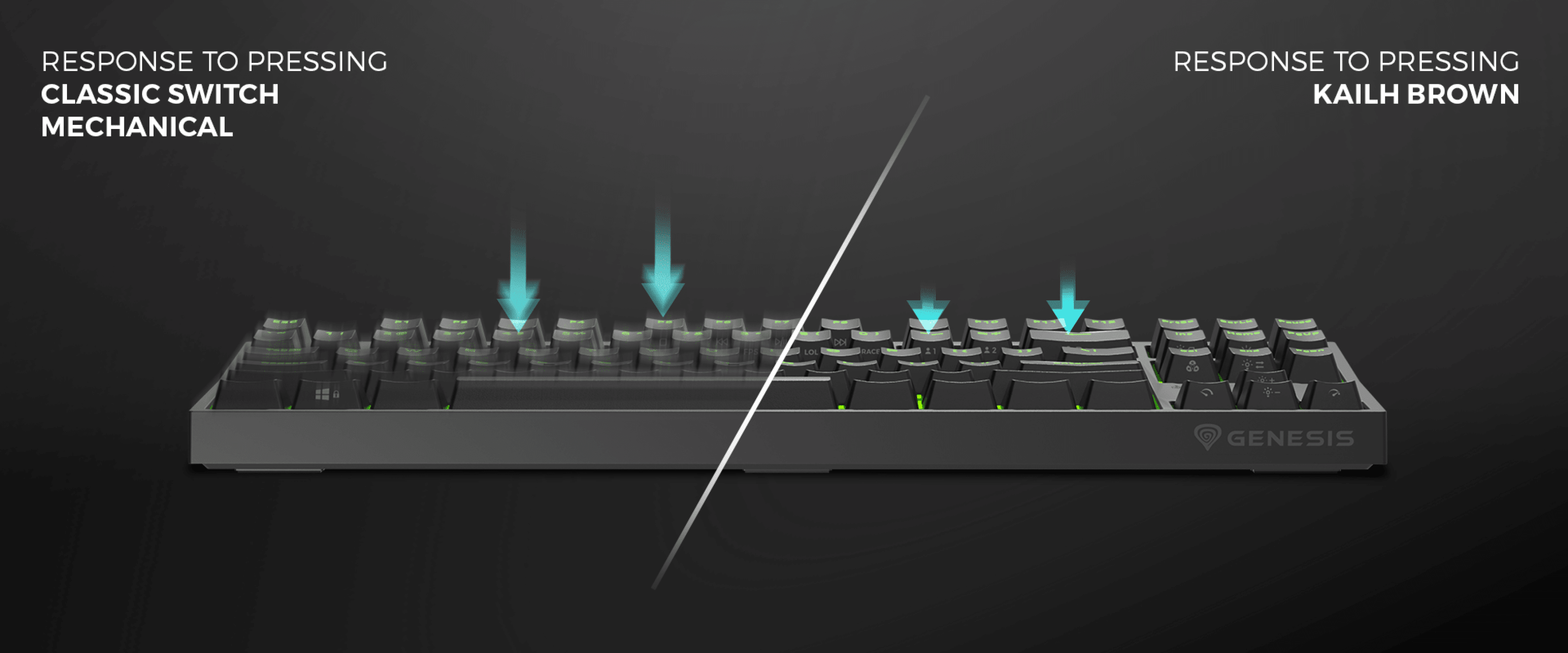 Vue latérale d'un clavier mécanique mettant en évidence la réponse des interrupteurs mécaniques classiques par rapport aux interrupteurs Kailh Brown, avec éclairage RVB.
