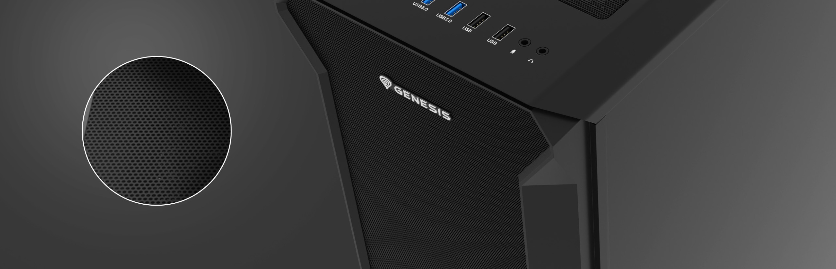 Boîtier tour MIDI Genesis Irid 505F noir avec fenêtre transparente et plusieurs ports en façade.