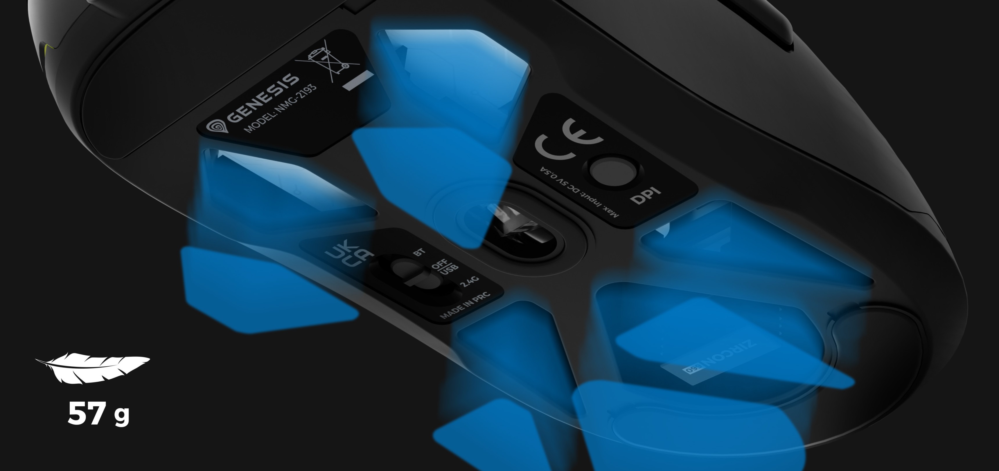 Souris de jeu sans fil Genesis Zircon 660 Pro, dotée d'un capteur de 26000 DPI, d'un design léger et d'une base éclairée.
