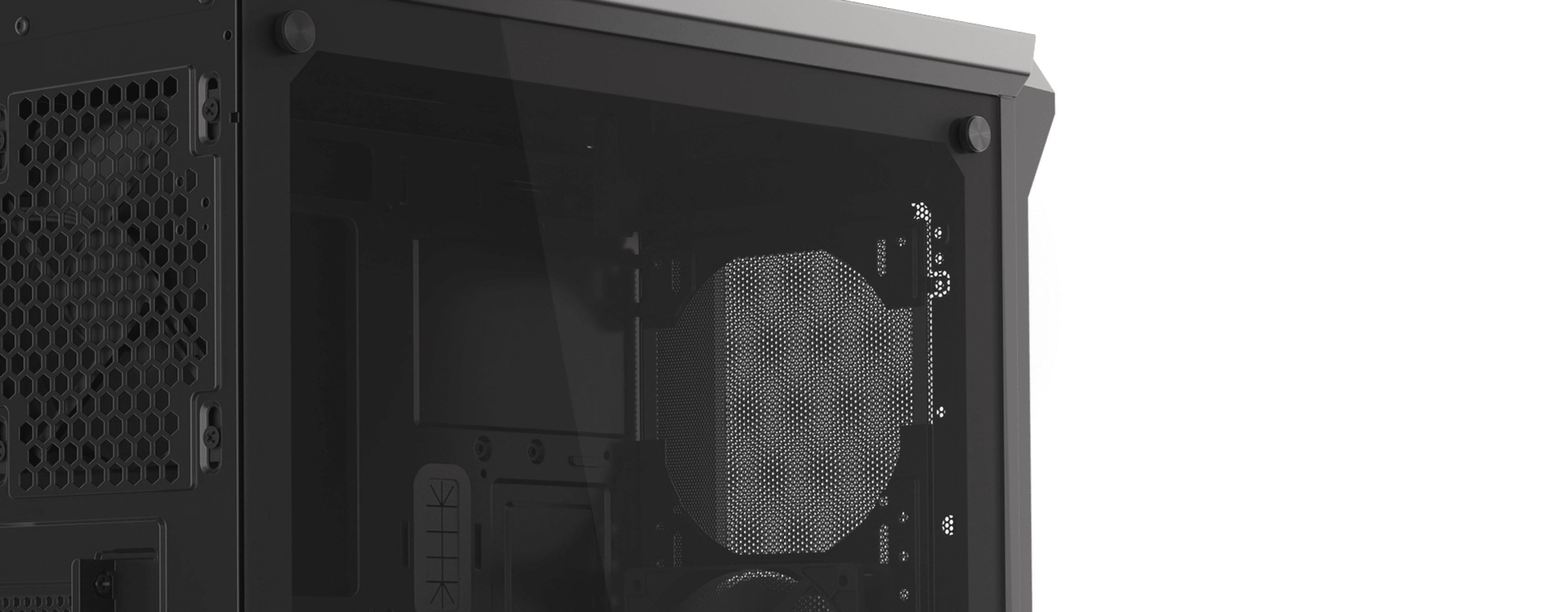 Boîtier tour MIDI Genesis Irid 505 V2 noir avec panneau latéral transparent, mettant en valeur les composants internes.