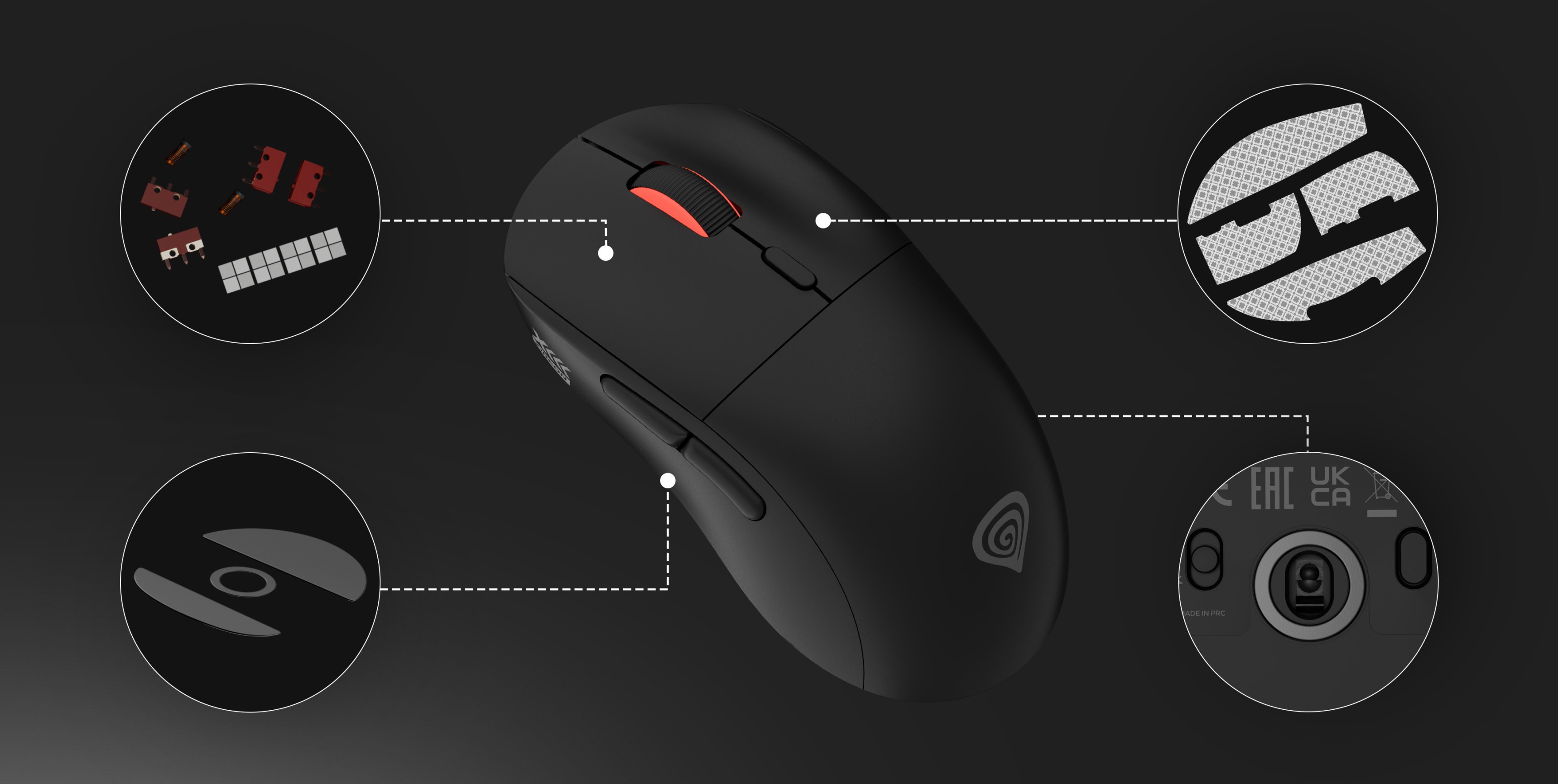 Souris de jeu sans fil Genesis Zircon XIII en noir, mettant en avant des caractéristiques telles que les boutons personnalisables et la sensibilité DPI élevée.