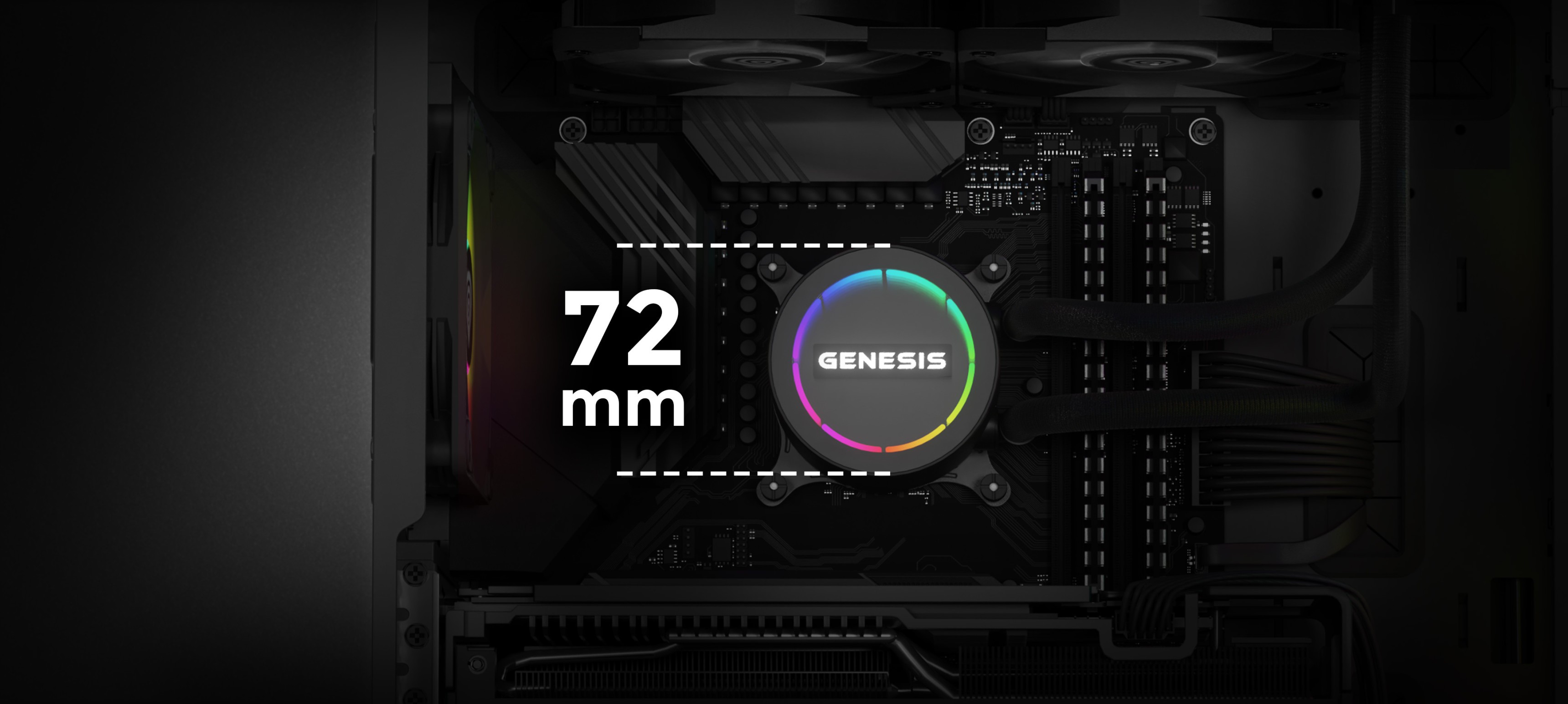 Gros plan du refroidisseur de liquide Genesis Hydria 240 noir mettant en valeur le logo 72 mm et les composants à l'intérieur d'un boîtier de PC.
