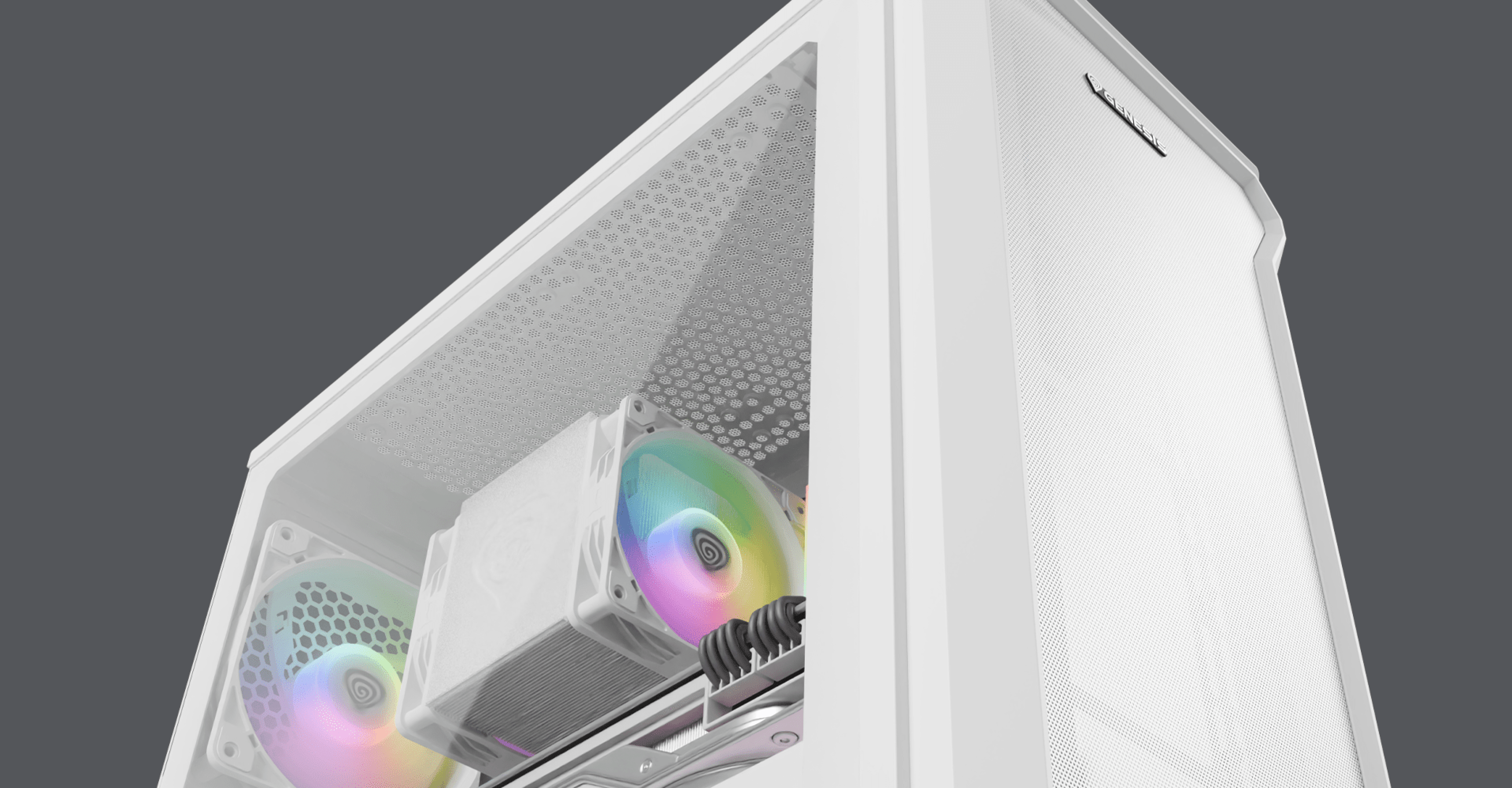 Boîtier mini tour Genesis Irid 503 ARGB Lite MATX blanc avec un panneau latéral transparent et des ventilateurs RVB colorés visibles à l'intérieur.
