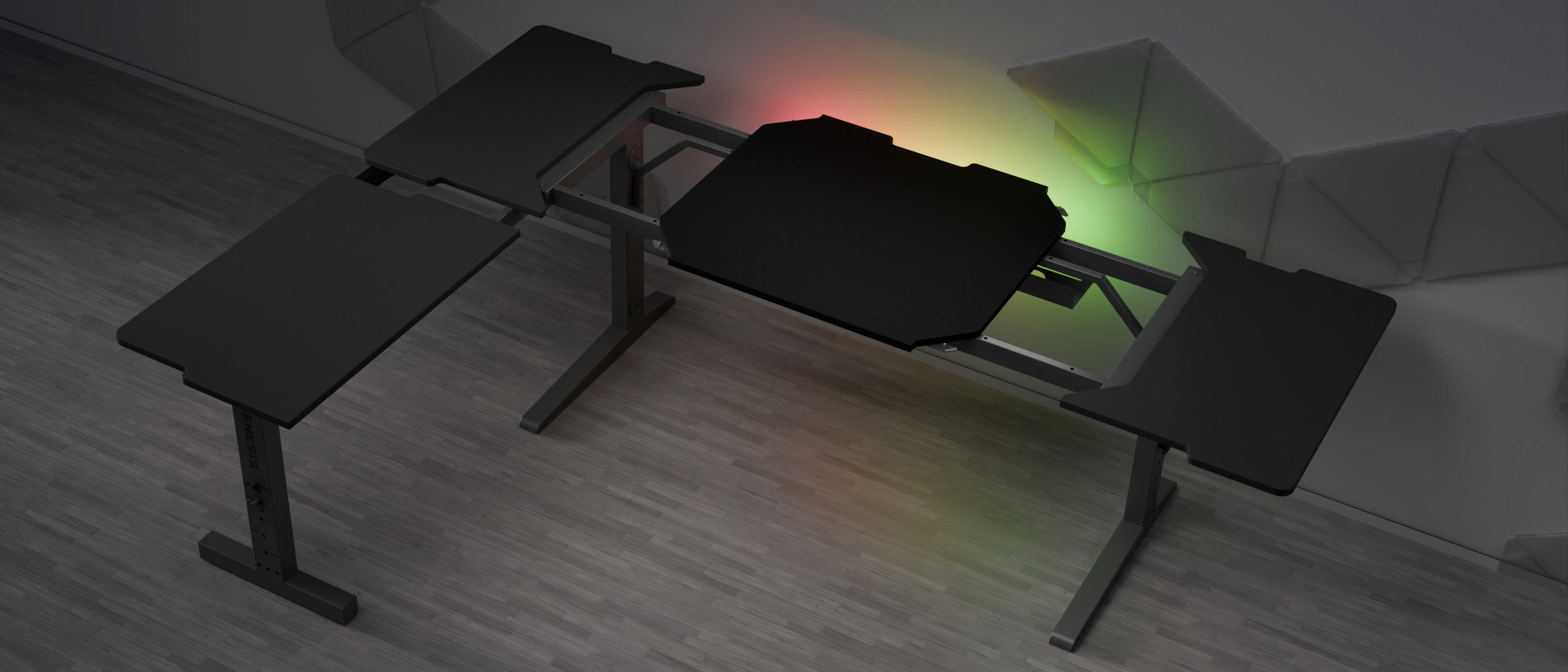 Bureau de jeu d'angle modulaire avec une finition noire élégante et un éclairage LED personnalisable, conçu pour les configurations de jeu.