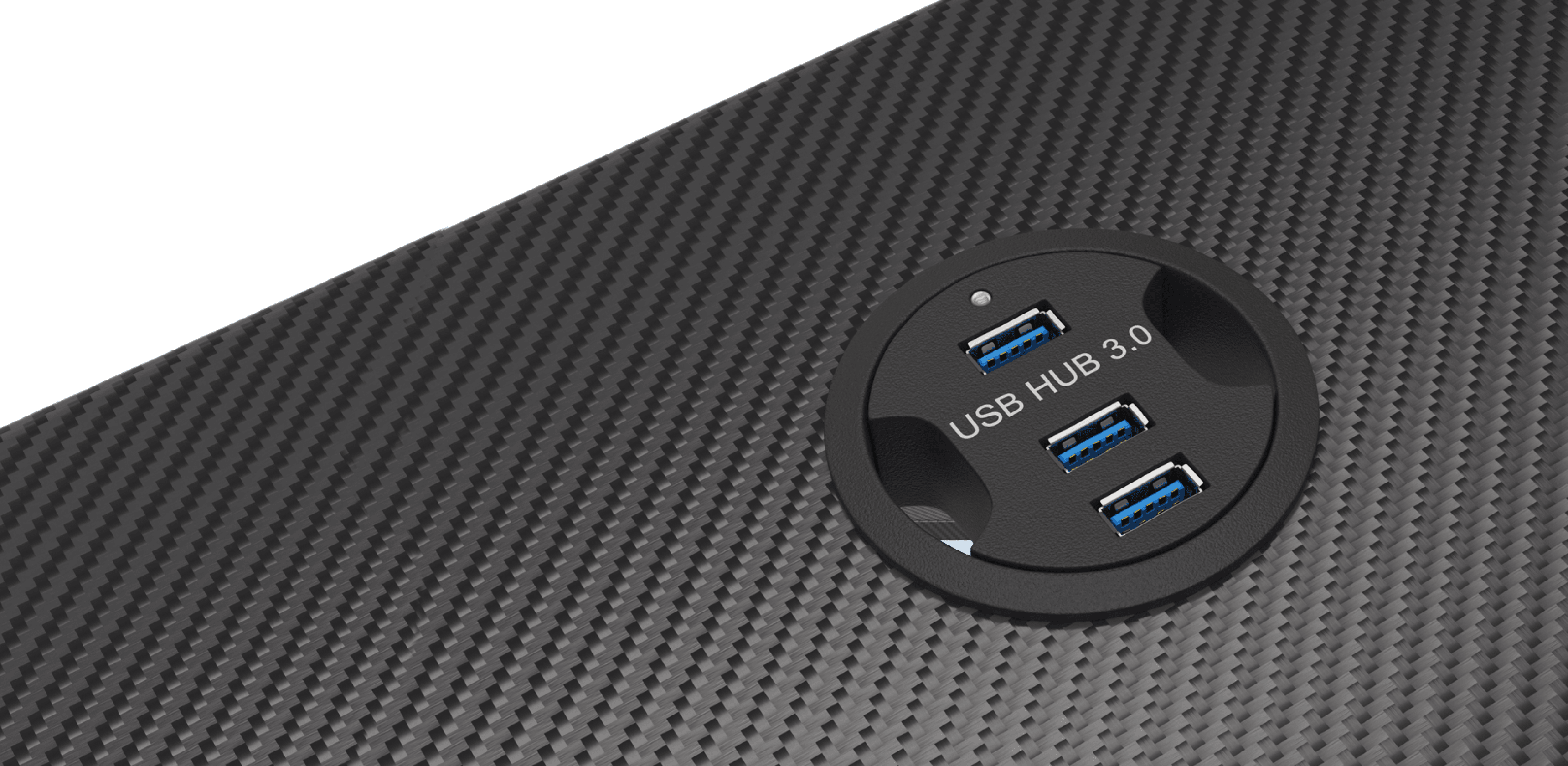 Gros plan sur la surface du bureau de jeu Genesis Holm 200 RGB qui comprend un hub USB 3.0 avec quatre ports.