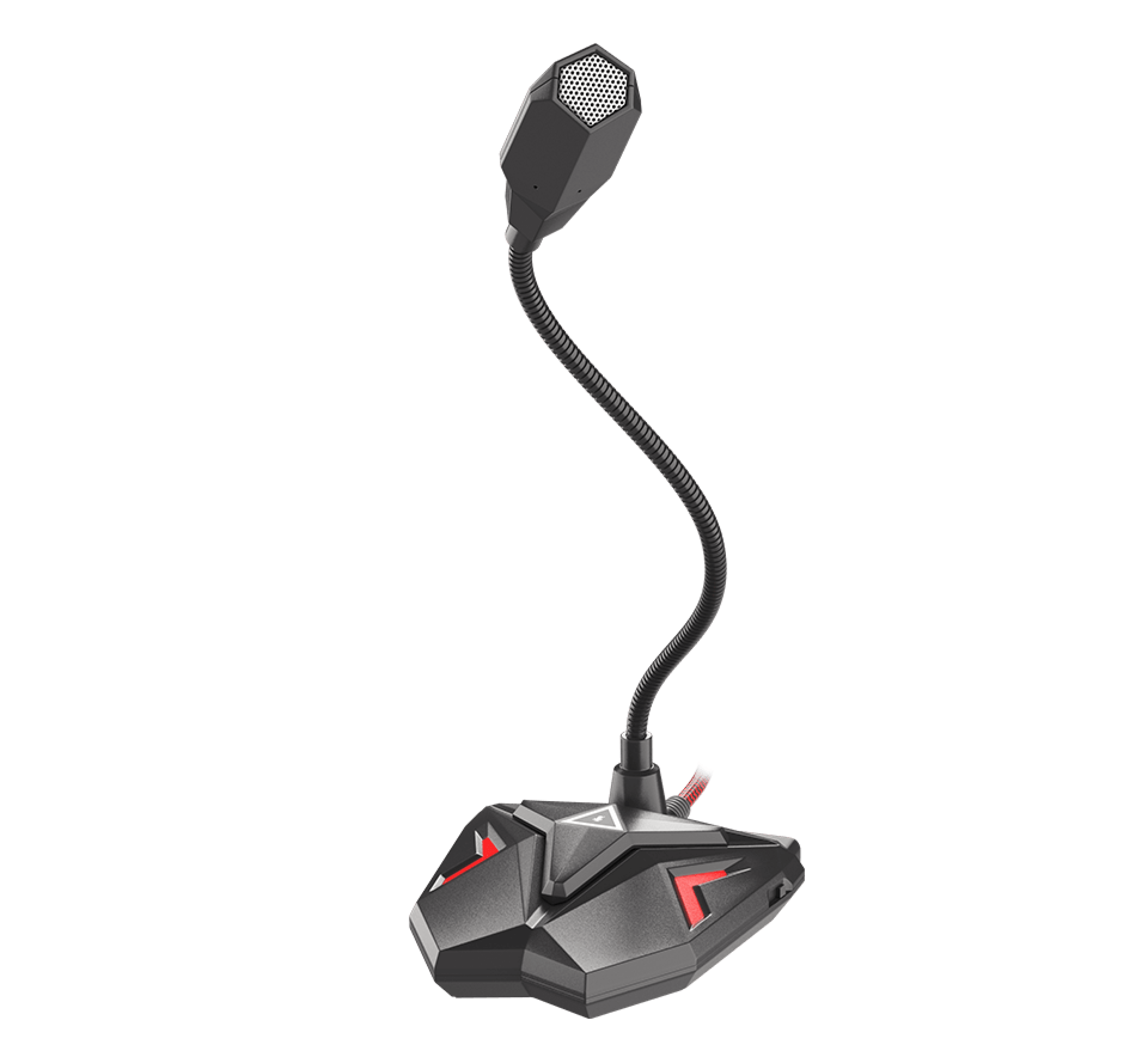 Microphone noir avec un bras flexible et des accents rouges, conçu pour les jeux et l'utilisation en streaming.