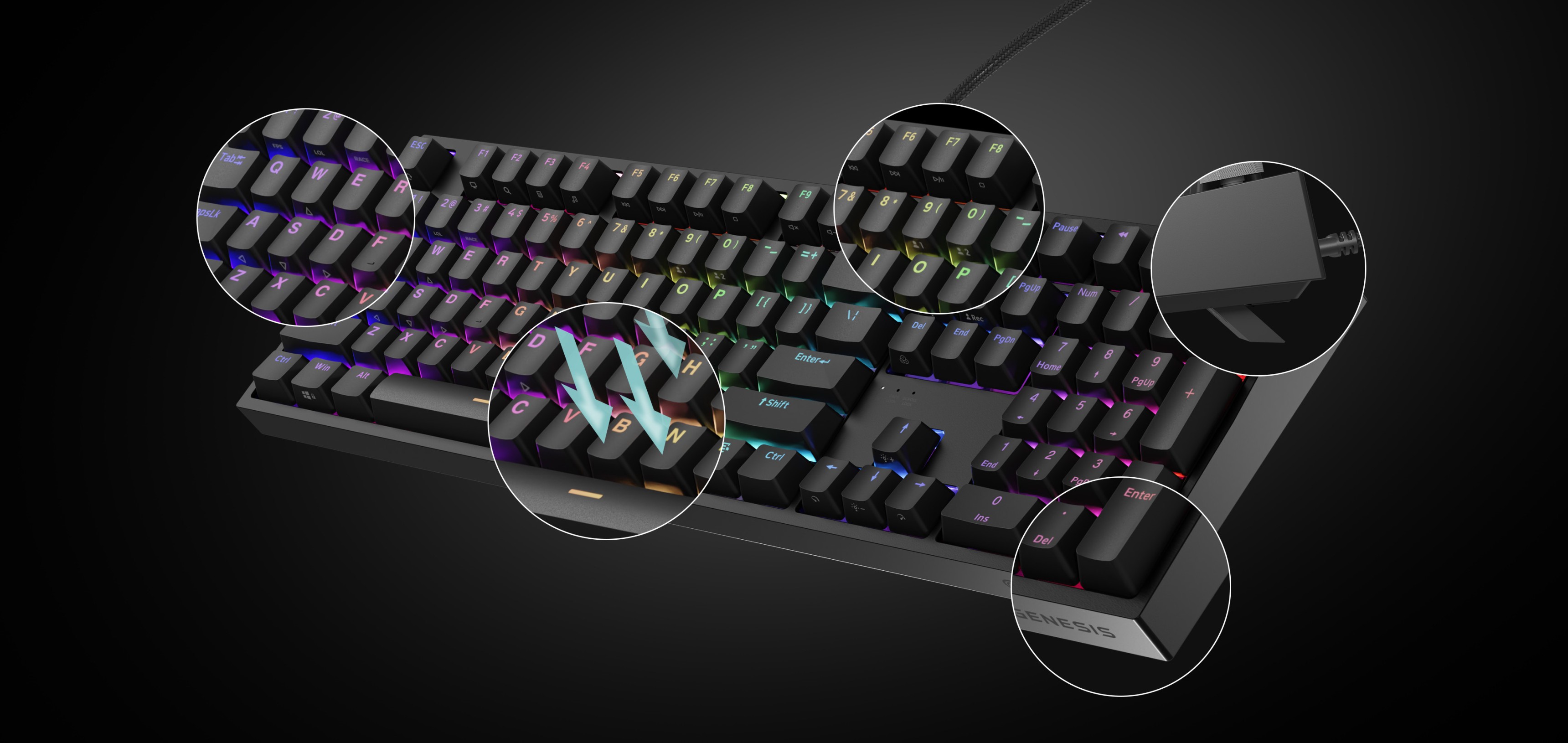 Clavier de jeu mécanique avec rétroéclairage RVB, doté de commutateurs Gateron Yellow Pro et de zones de touches surlignées.