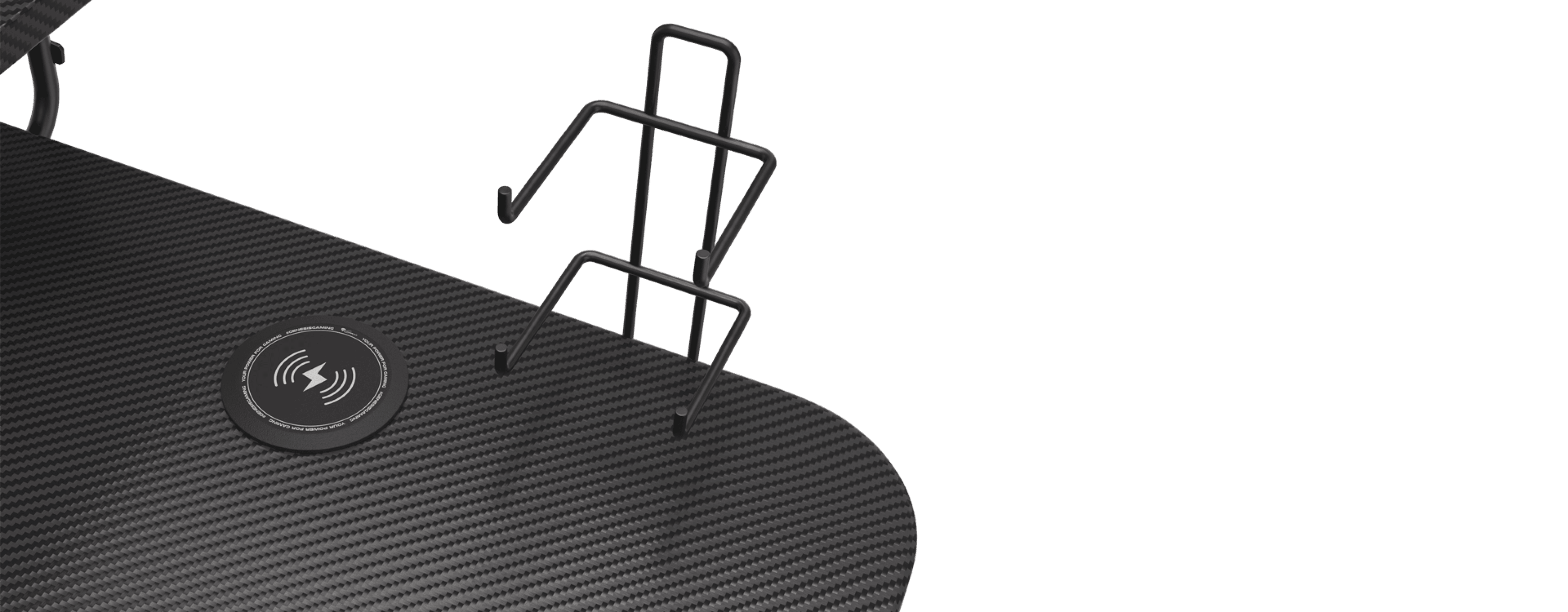 Bureau de jeu Genesis Holm 300 RGB avec un pad de recharge sans fil et un support pour casque, doté d'un design épuré en fibre de carbone.