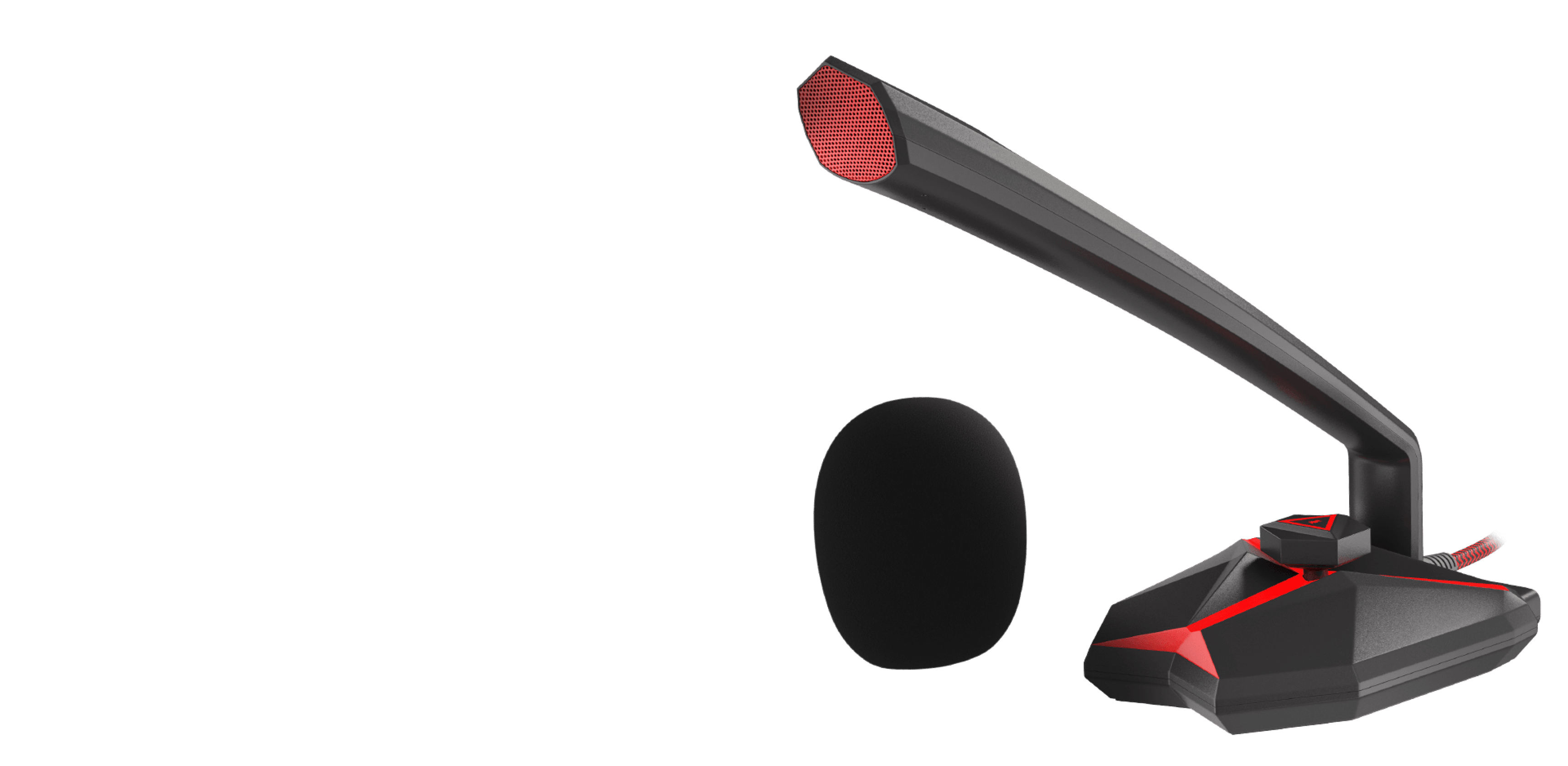 Microphone Genesis Radium 200 au design épuré noir et rouge, doté d'un bras flexible et d'une bonnette en mousse.
