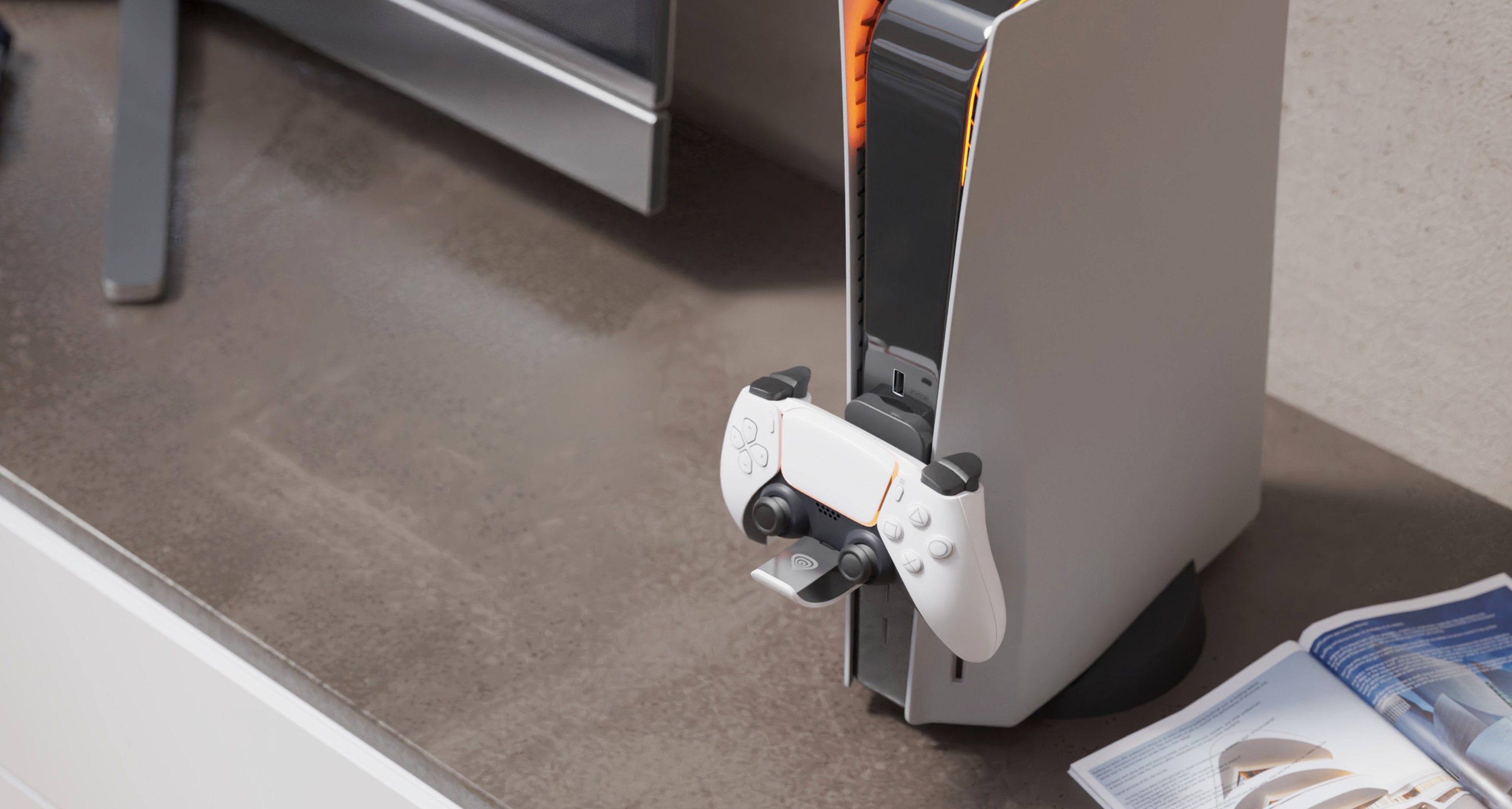 Chargeur pour manettes Genesis Tin 300 conçu pour la PS5, placé à côté de la console sur une table.