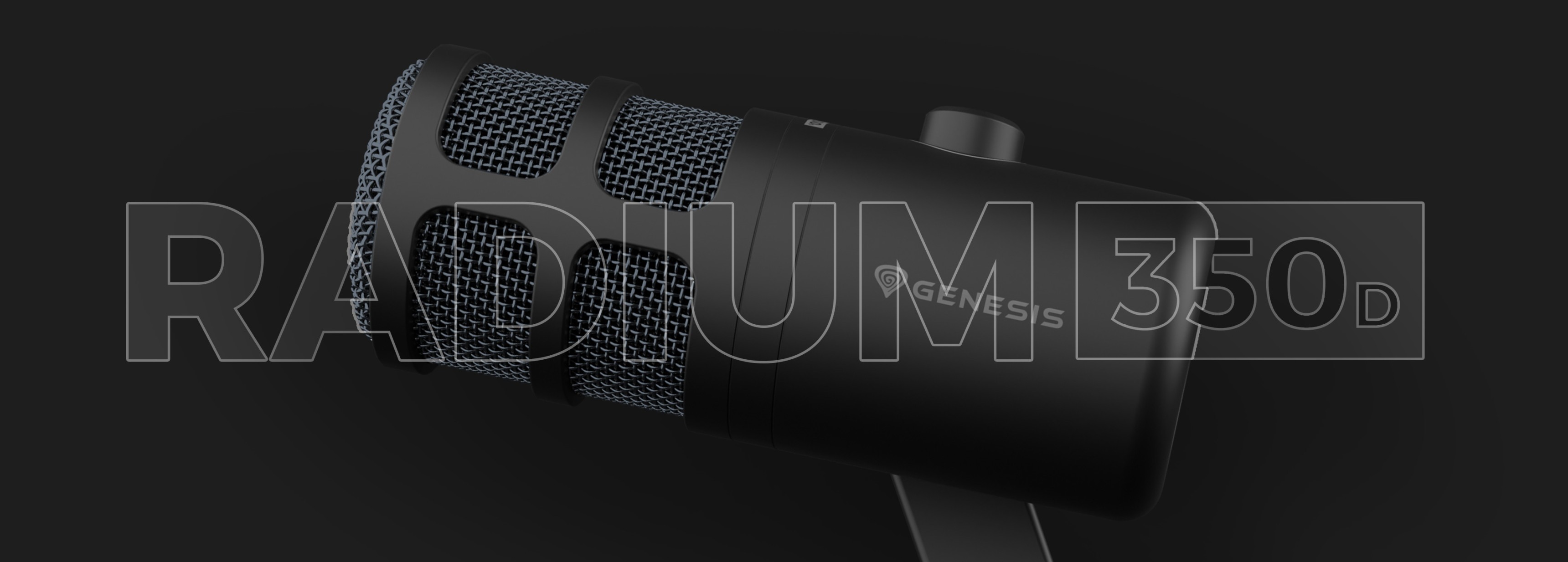Microphone dynamique USB Genesis Radium 350D, doté d'un design noir élégant et d'une bonnette robuste en maille.