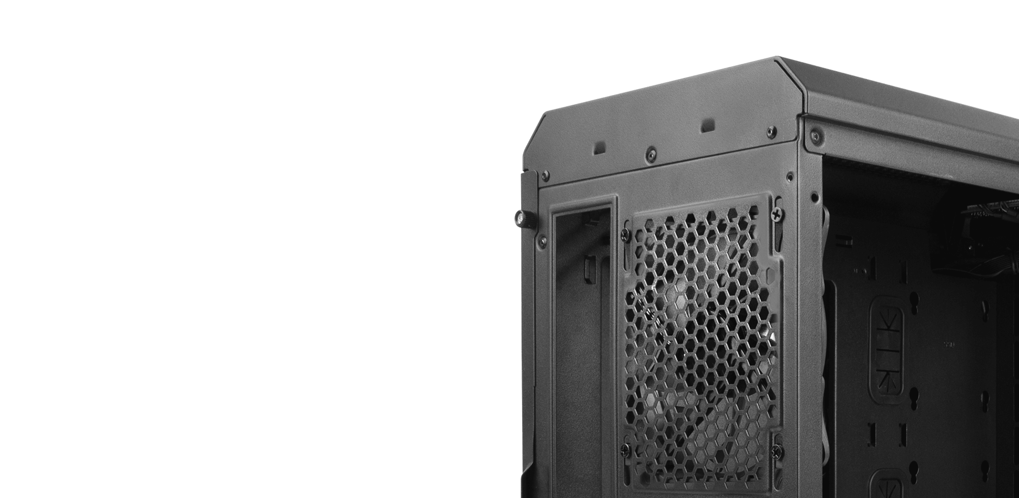 Boîtier PC mini tour MATX avec fenêtre latérale, doté d'une finition noire et d'un filet de ventilation sur le panneau arrière.