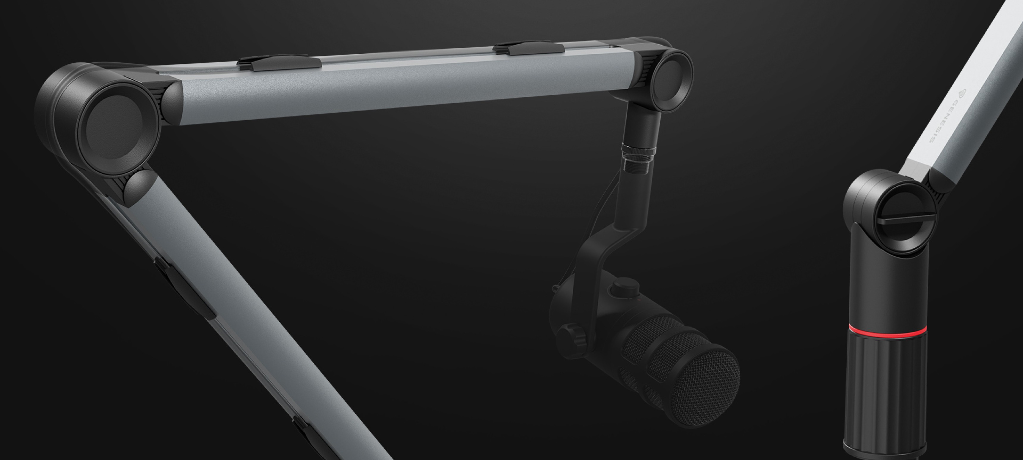 Bras de microphone réglable au design épuré, doté d'une finition noire et argentée, conçu pour la stabilité et la flexibilité.