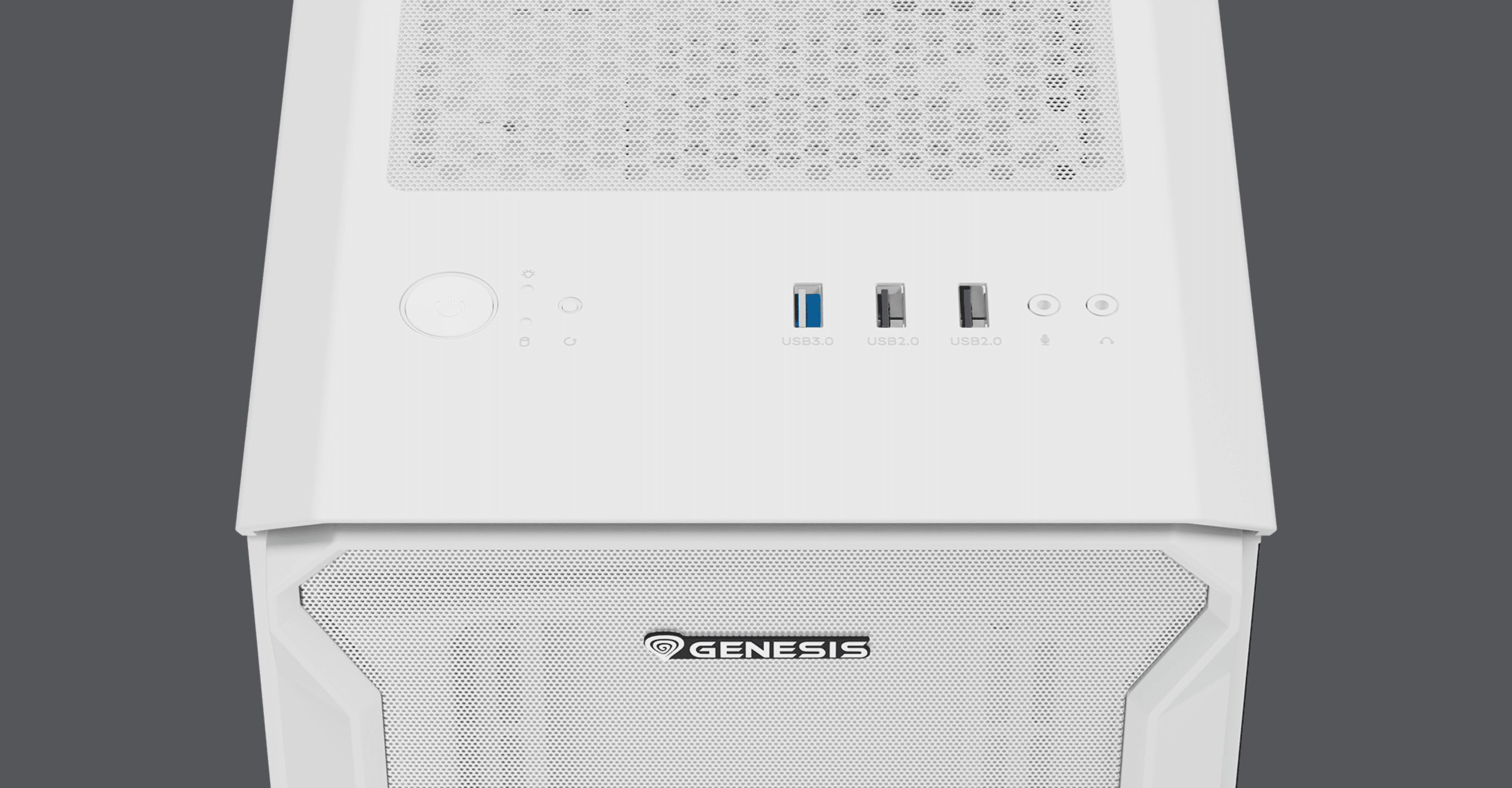 Boîtier mini tour Genesis Irid 503 ARGB Lite MATX blanc avec fenêtre latérale et ports d'entrée/sortie avant.