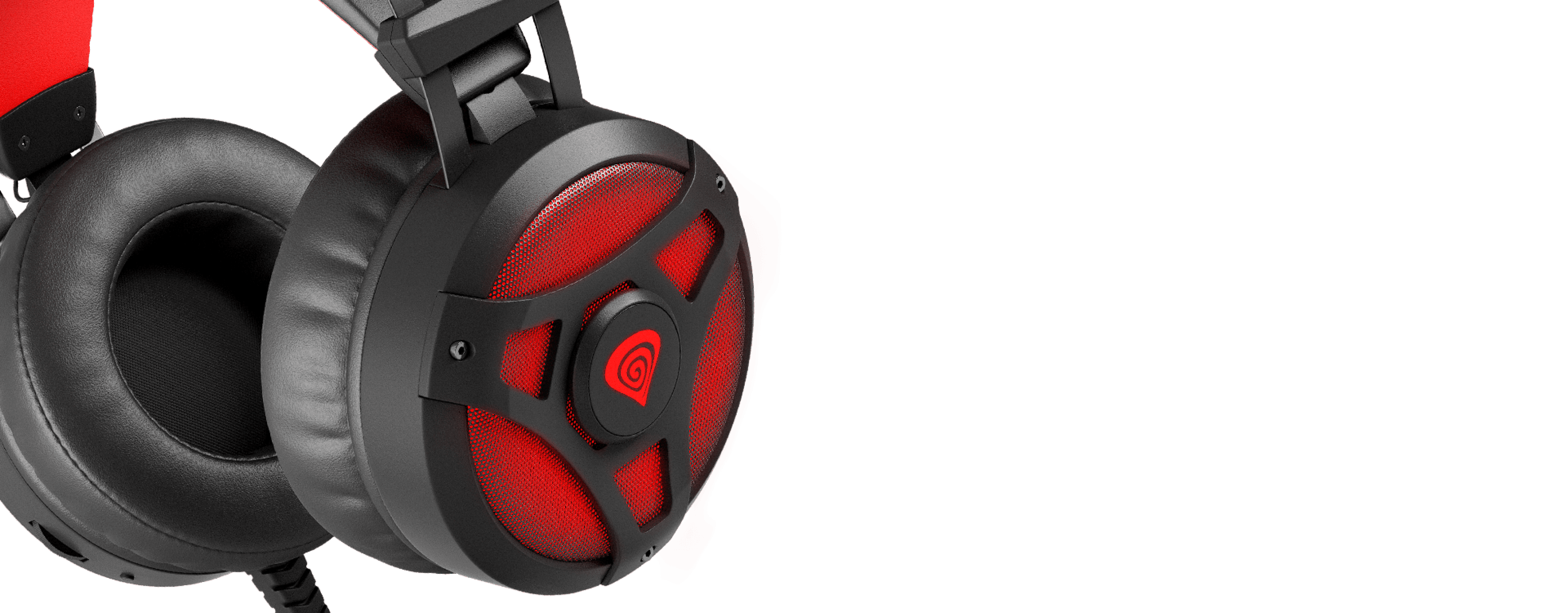 Casque supra-auriculaire Genesis Neon 360 noir et rouge avec un microphone et des accents lumineux.