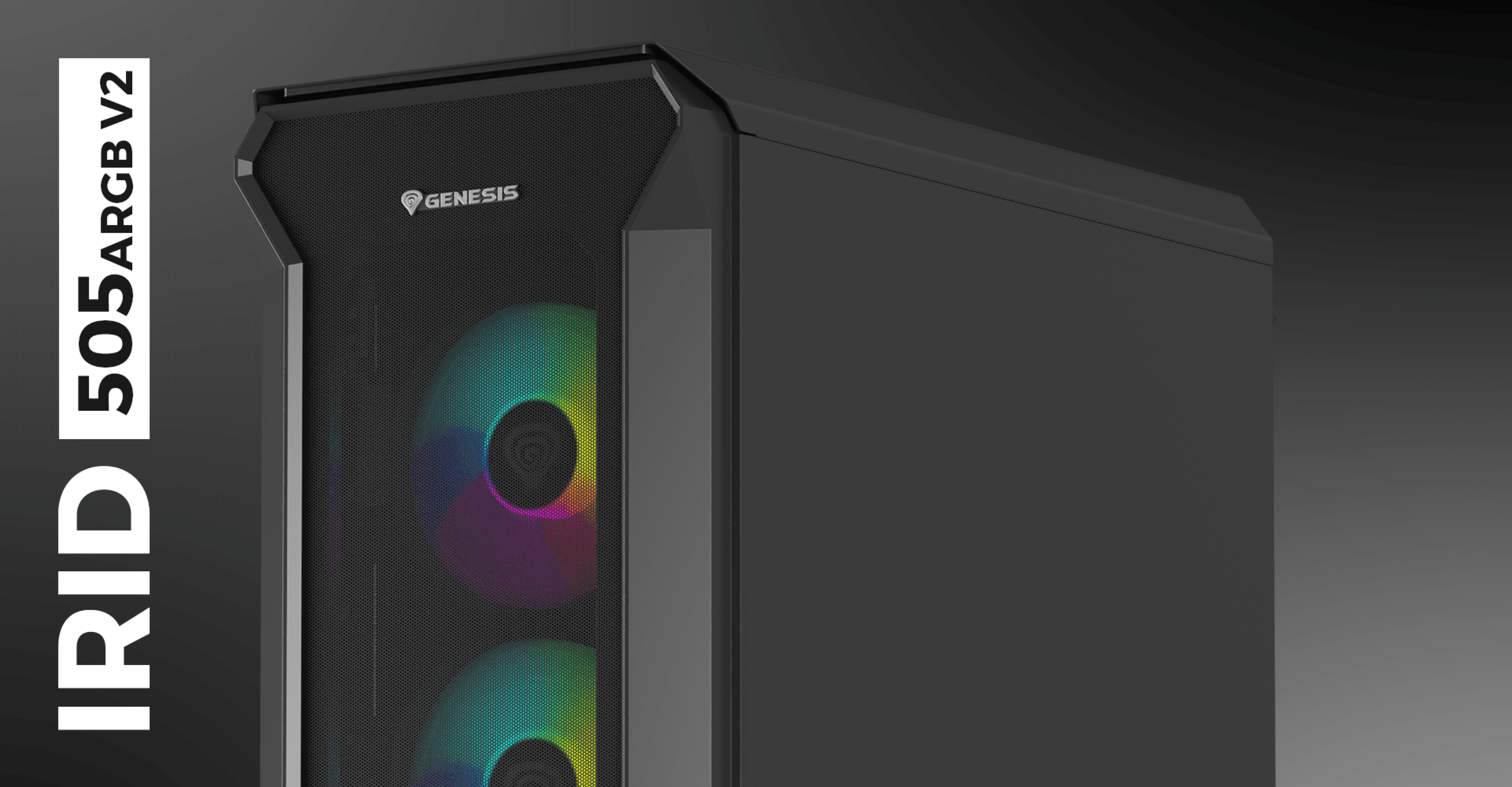 Boîtier tour MIDI noir avec fenêtre en verre trempé et ventilateurs RGB, présentant le modèle Genesis IRID 505 ARGB V2.