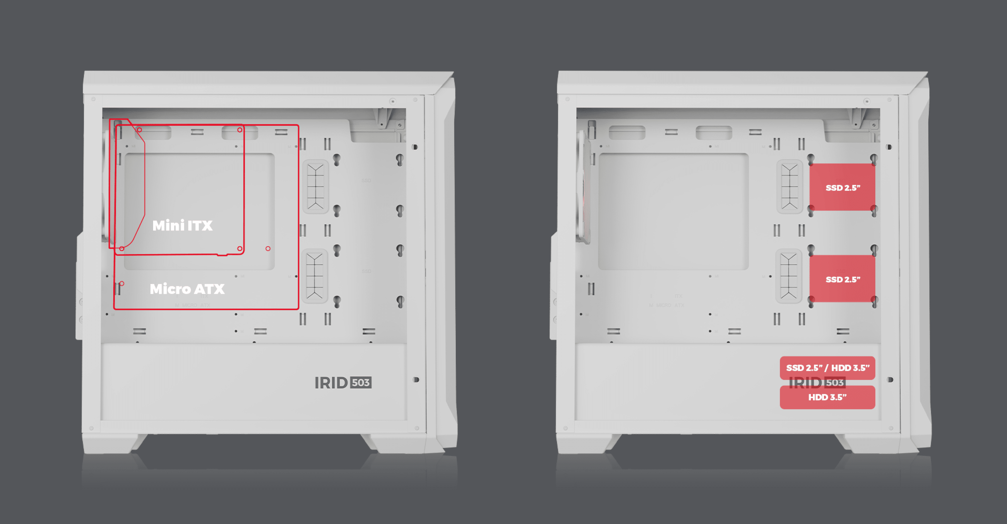 Boîtier mini tour Genesis IRID 503 ARGB Lite MATX blanc avec panneau latéral transparent, doté de compartiments pour cartes mères Mini ITX et Micro ATX.