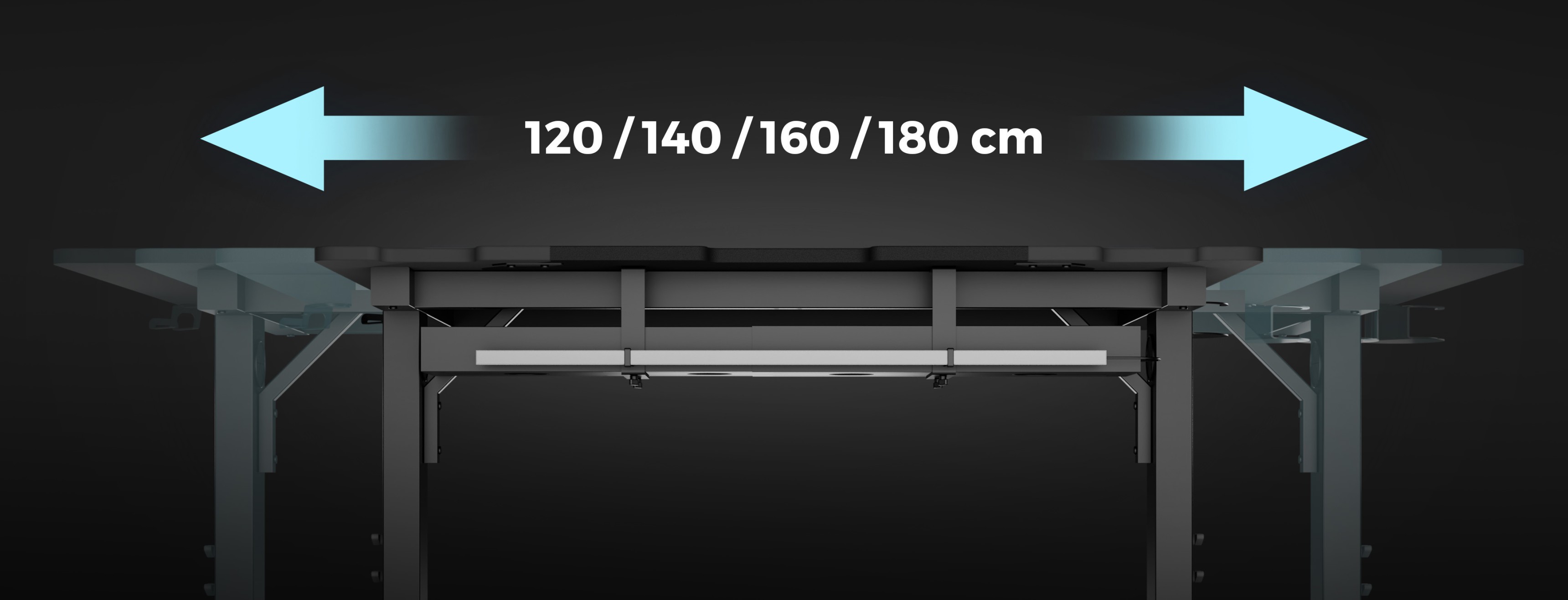 Panneau latéral pour le bureau modulaire Genesis Holm, montrant les largeurs réglables de 120, 140, 160 et 180 cm.