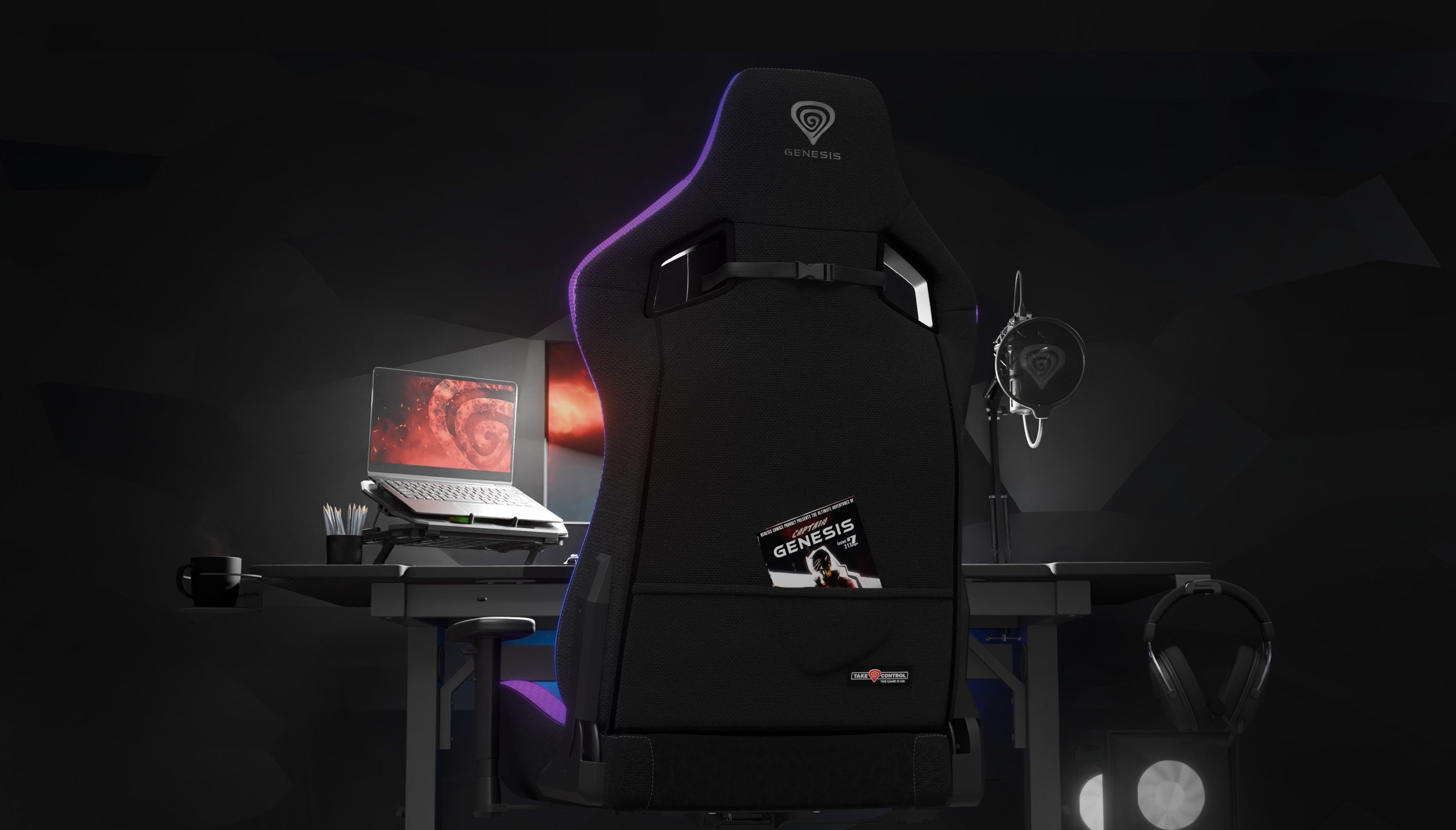 Fauteuil de jeu Genesis Trit 660 RGB noir vu de dos, avec un ordinateur portable, un casque et un éclairage d'ambiance sur un bureau de jeu.