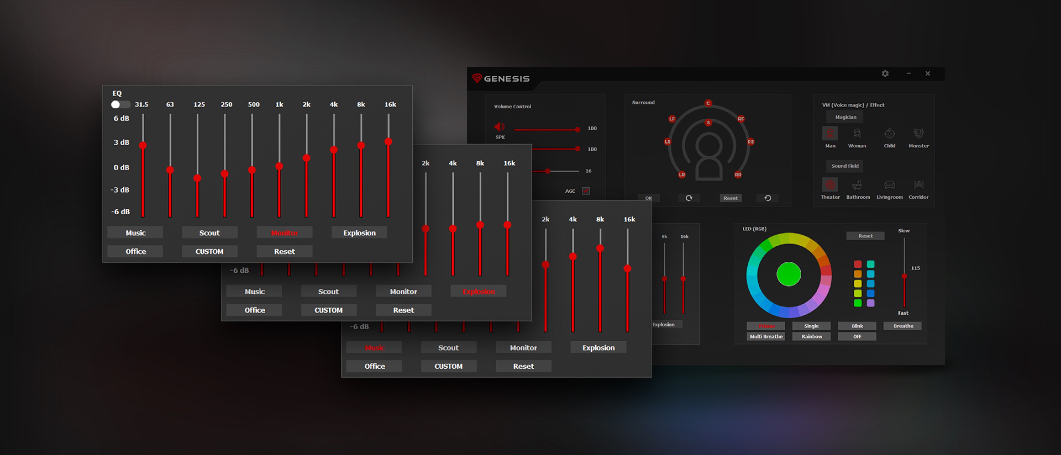 Captures d'écran d'une interface logicielle permettant de configurer le casque Genesis Neon 764 RGB, avec des curseurs audio et des options d'éclairage.