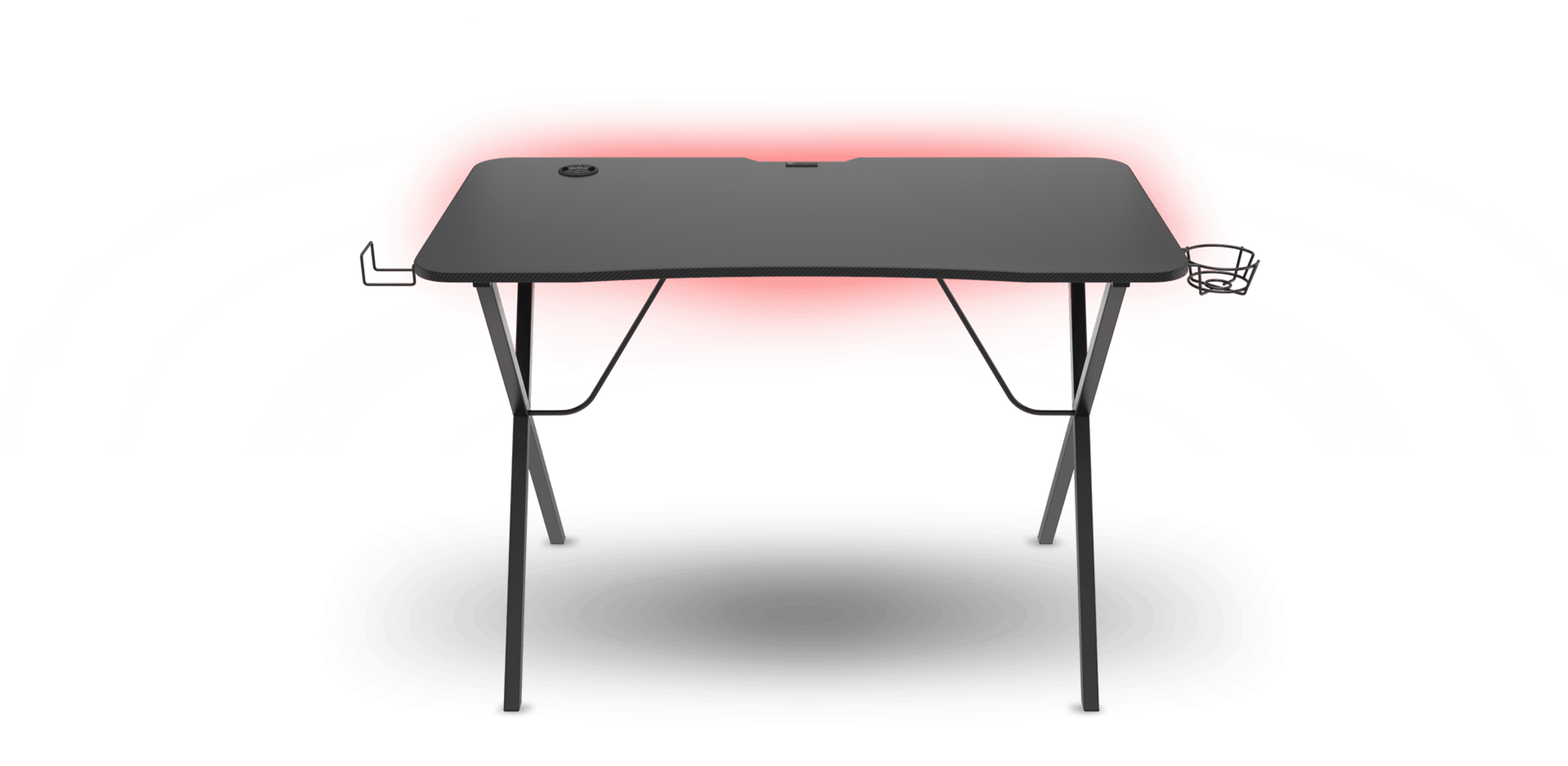 Bureau de jeu noir avec éclairage RVB, doté d'un trou de gestion des câbles et de crochets latéraux pour les accessoires.