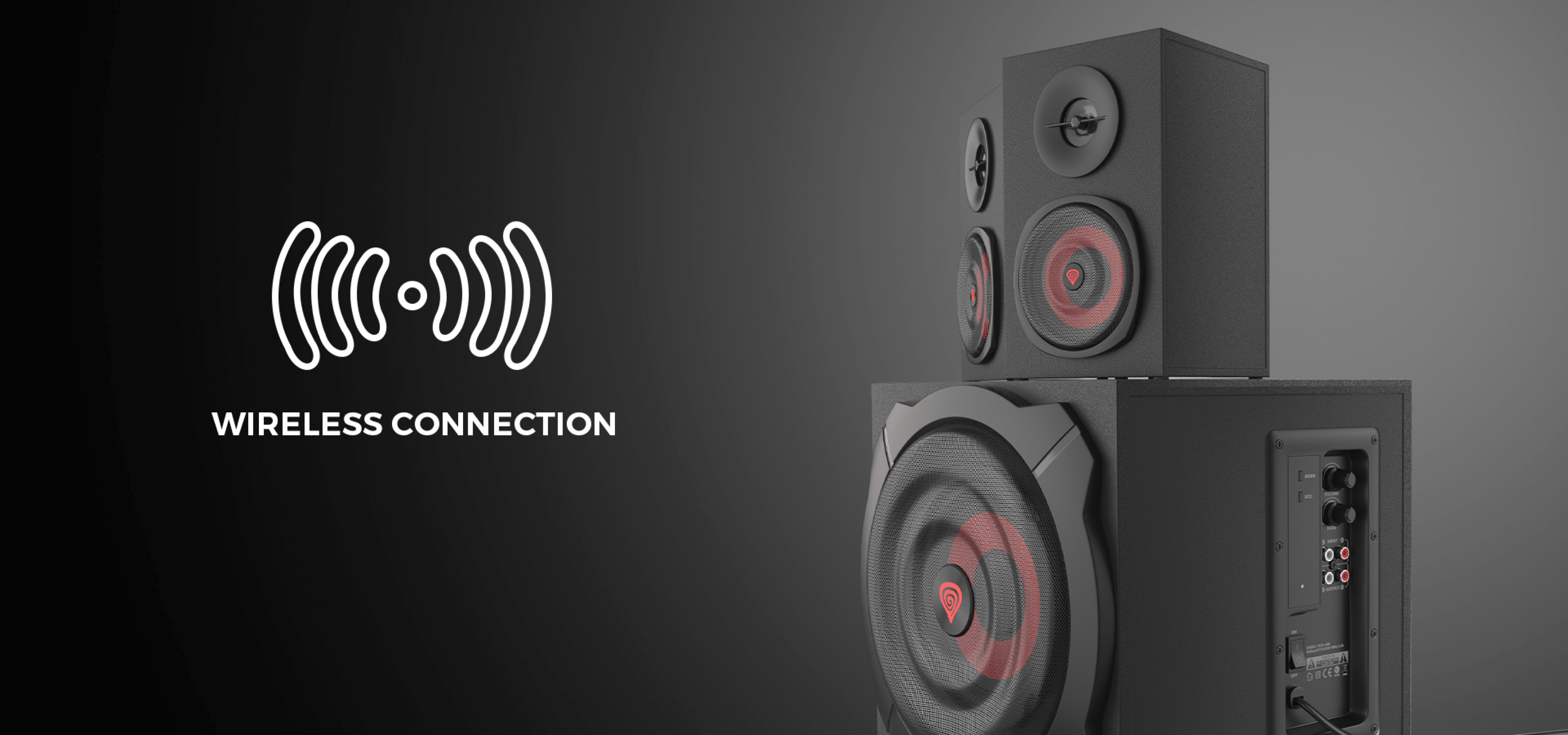 Deux enceintes Genesis Helium 610BT 2.1 noires avec un caisson de basse, dotées d'un symbole de connexion sans fil et d'une télécommande sur câble.