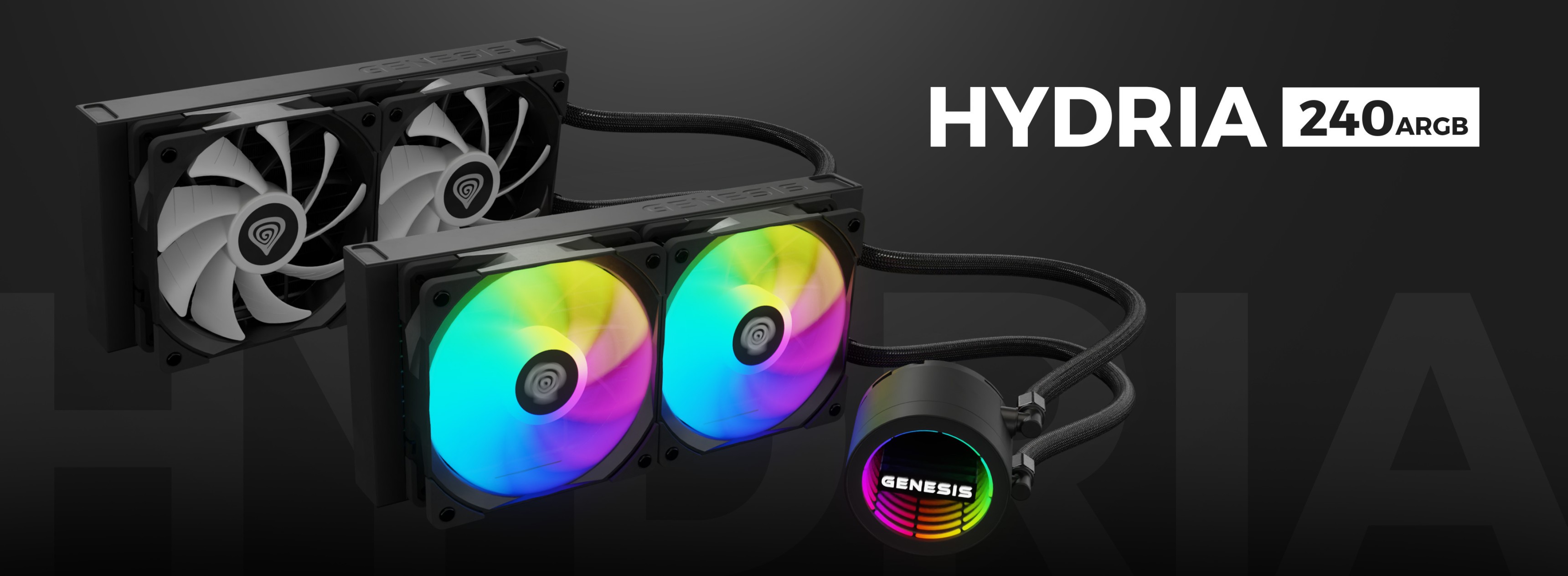 Refroidisseur liquide Genesis Hydria 240 ARGB noir avec deux ventilateurs illuminés et un design de pompe élégant.