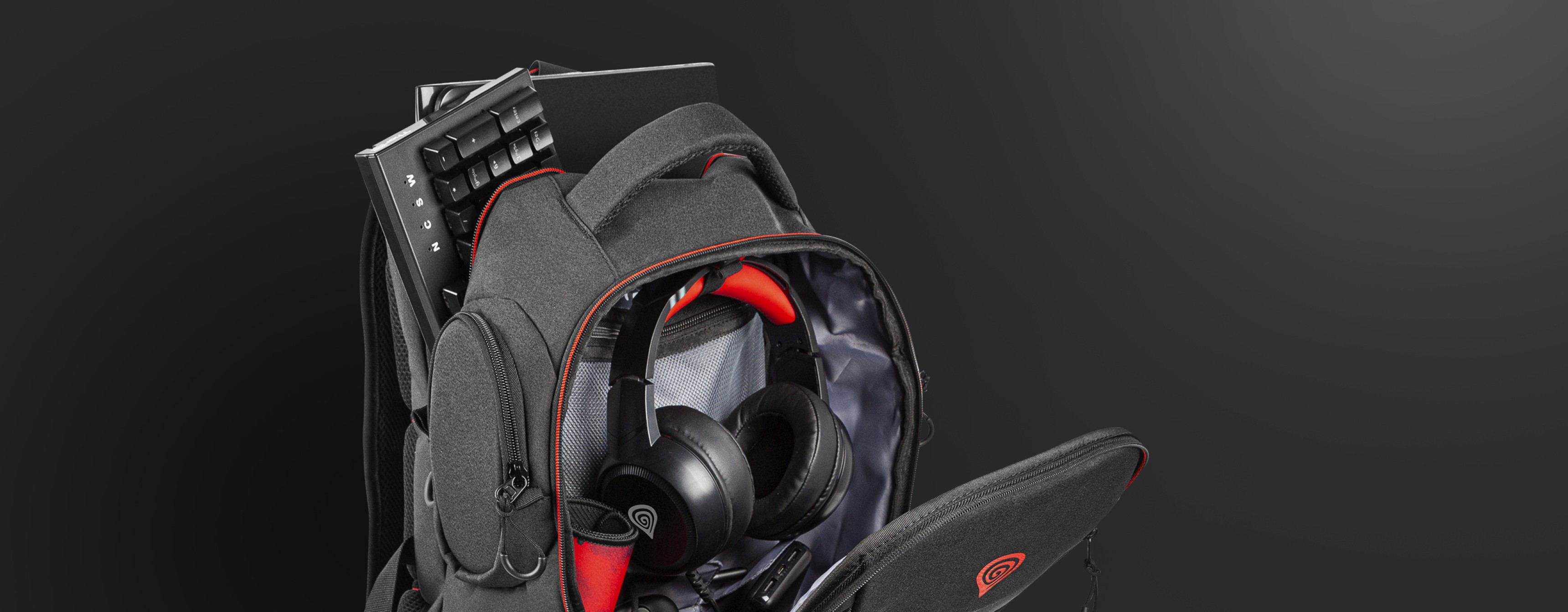 Sac à dos pour ordinateur portable Genesis Pallad 550 noir avec des compartiments pour les écouteurs et les accessoires, conçu pour les ordinateurs portables de 15,6"/17,3".
