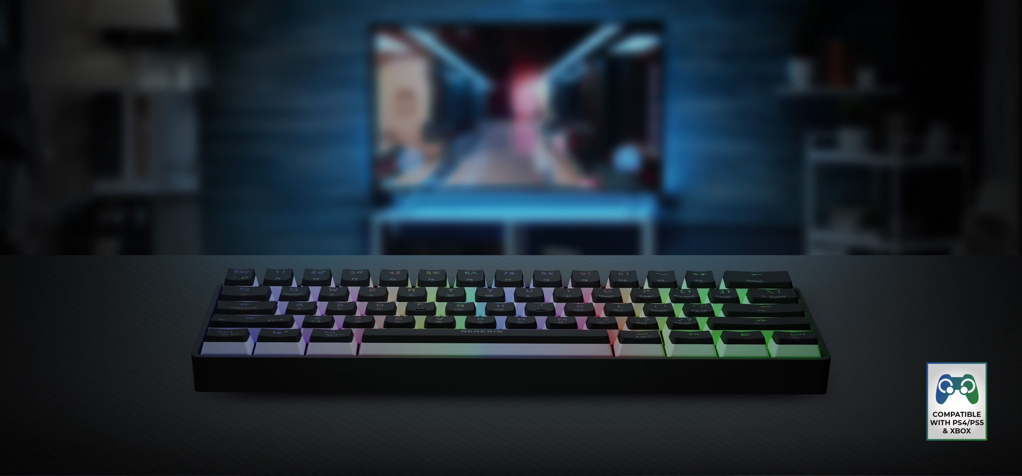 Clavier de jeu mécanique RVB sans fil avec commutateurs Gateron Red, doté de touches rétroéclairées colorées et d'un design noir élégant.
