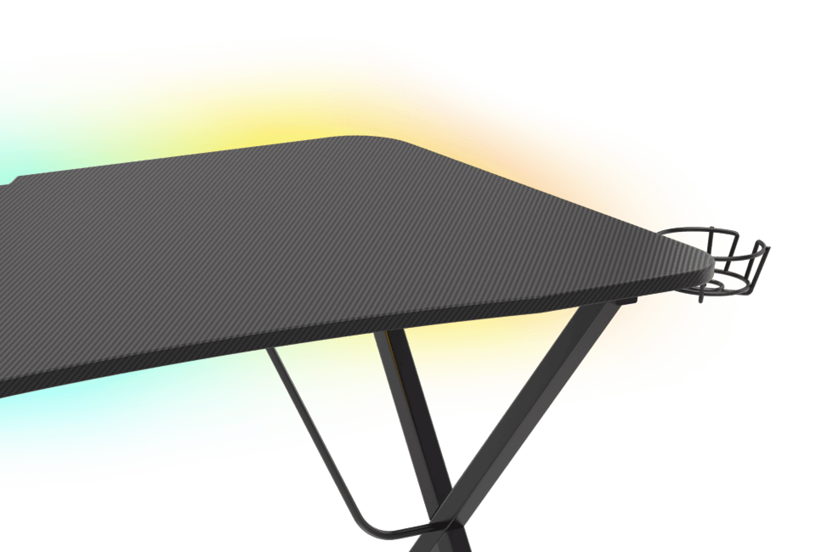 Bureau de jeu noir avec une surface texturée et des effets lumineux RVB, doté d'un porte-gobelet latéral.