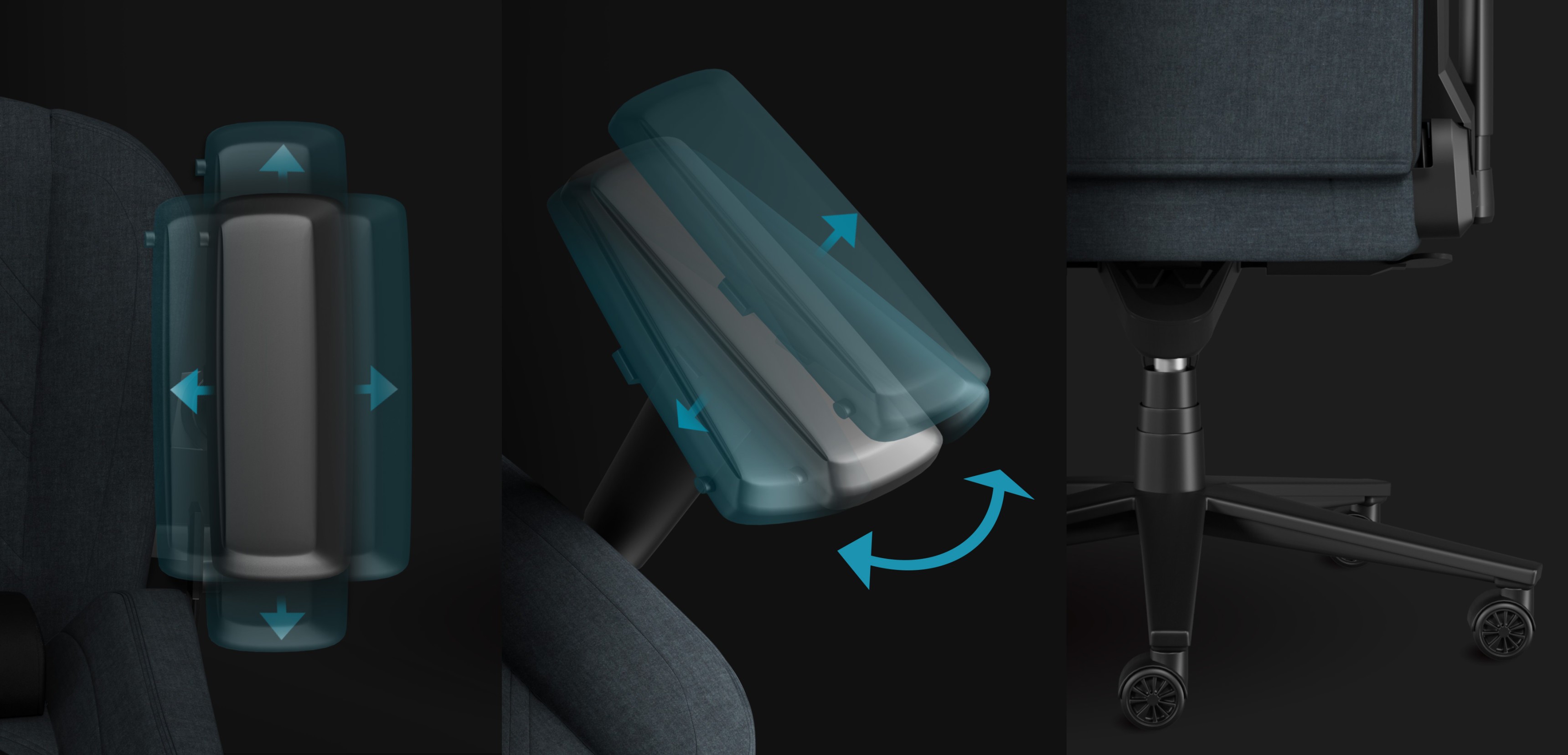Fonctions réglables du fauteuil de jeu Genesis Nitro 800 en gris, notamment le mouvement de l'accoudoir et la conception de la base pivotante.
