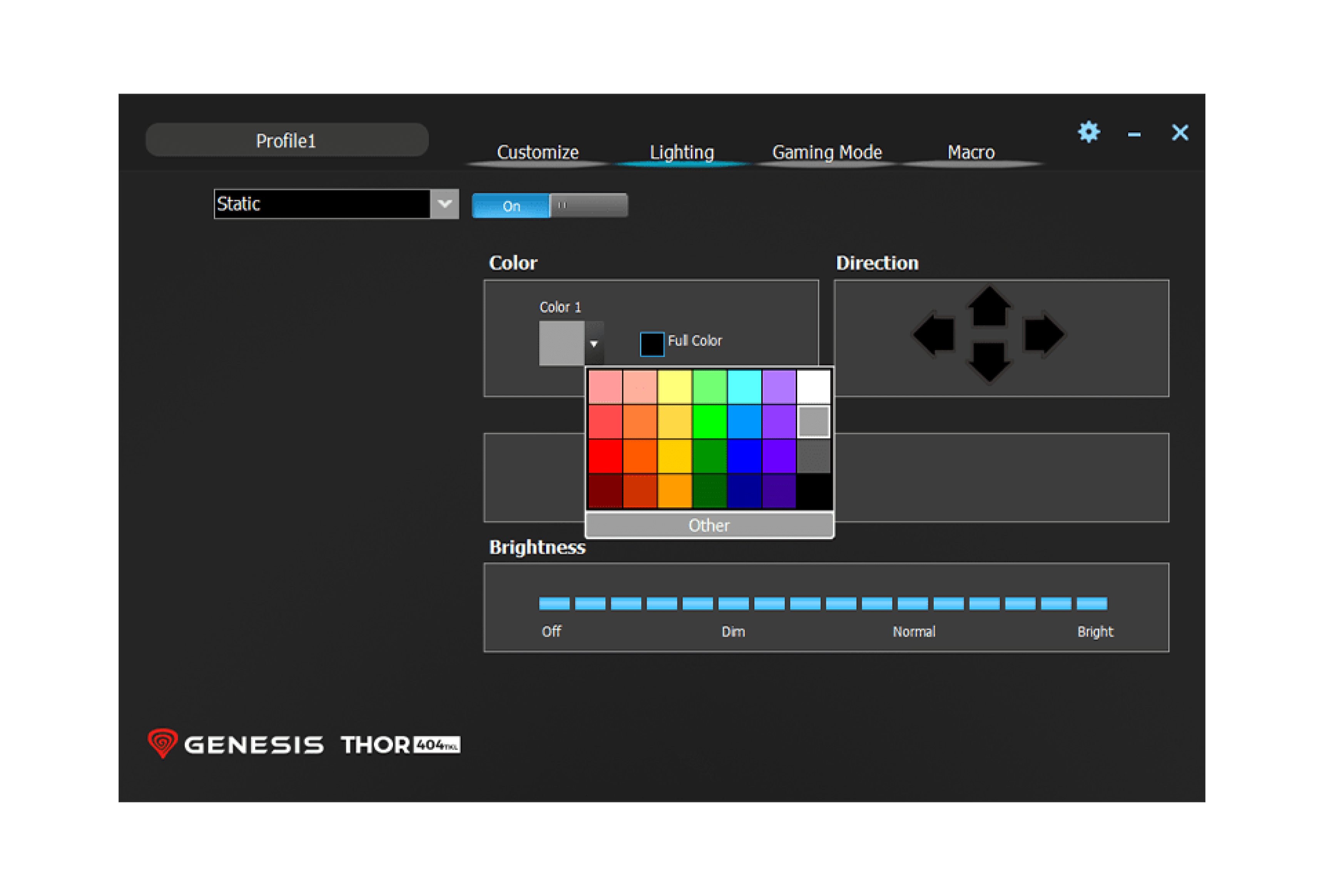 Interface de configuration du clavier Genesis Thor 404 TKL, affichant les options d'éclairage RVB, la sélection des couleurs et les réglages de luminosité.