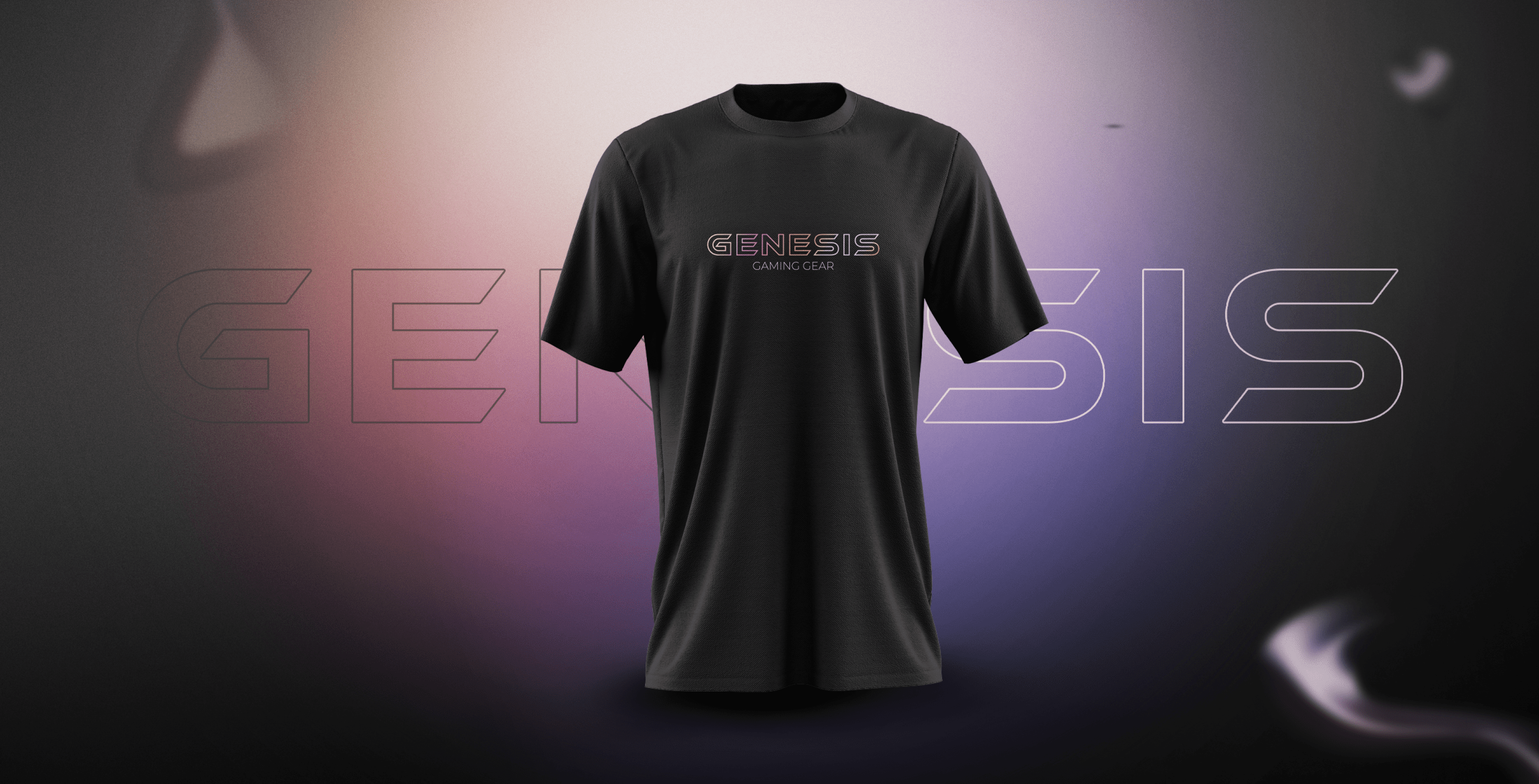 T-shirt noir arborant un motif coloré "GENESIS" sur le devant, sur un fond dégradé doux.